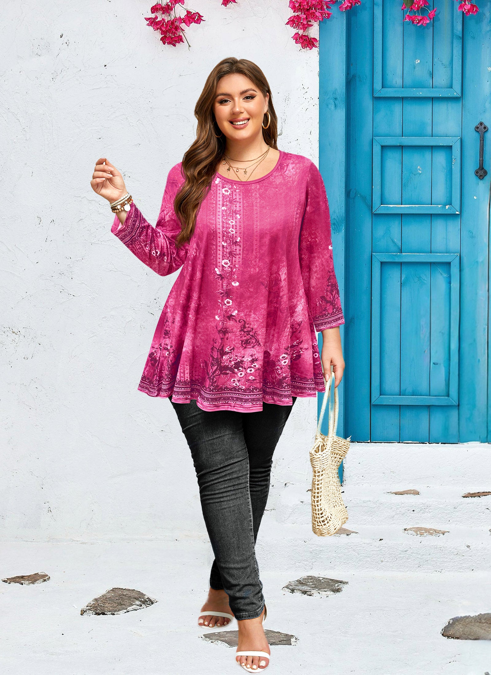 Womens Tunic 3/4 Sleeve Plus Size Tops Crew Neck Swing Flowy Loose Fit T-Shirt Blouses to Wear with Leggings