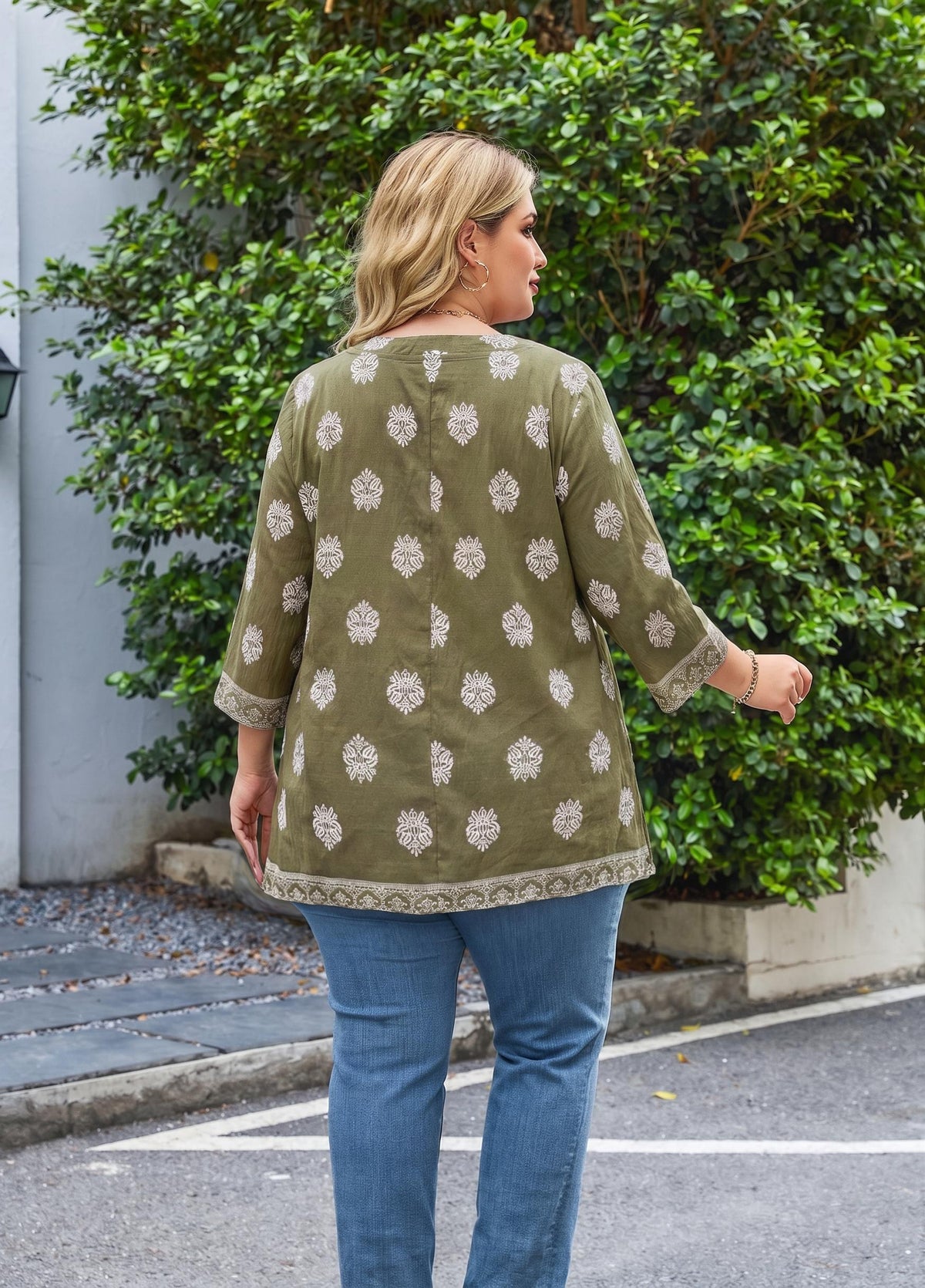 Plus Size Tops 3/4 Sleeve Boho Blouses Dressy Casual V Neck Tunic Loose Fit Floral Peasant Shirts