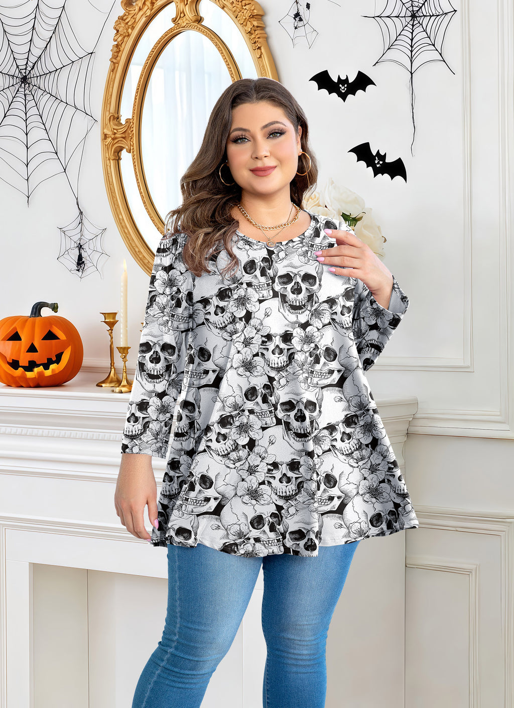 Womens Tunic Tops 3/4 Sleeve Plus Size Crew Neck Swing Flare Loose Fit T-Shirt Blouses to Wear with Leggings