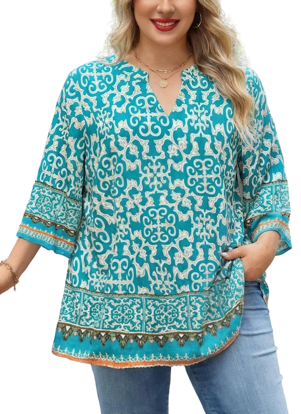 Plus Size Tops 3/4 Sleeve Boho Blouses Dressy Casual V Neck Tunic Loose Fit Floral Peasant Shirts