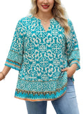 Plus Size Tops 3/4 Sleeve Boho Blouses Dressy Casual V Neck Tunic Loose Fit Floral Peasant Shirts