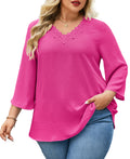 Womens Plus Size Blouses Dressy Casual 3/4 Sleeve Elegant V Neck Floral Trim Ladies Tunics Tops