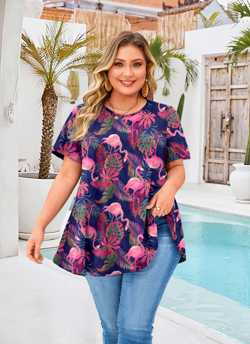 Women's Plus Size Short Sleeve Swing Tunic Top | Flowy Blouse