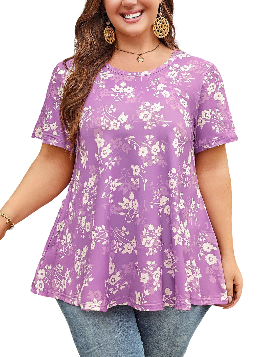 Womens Plus Size Tops Short Sleeve Swing Flare Flowy Tunic Loose Fit Summer Casual Blouses to Wear with Leggings