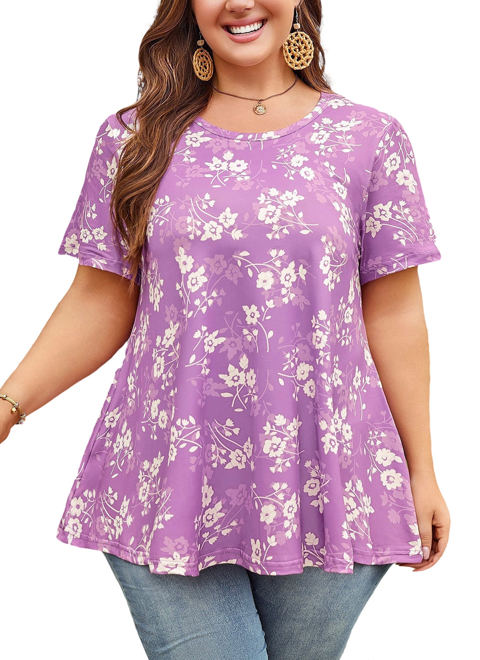 Womens Plus Size Tops Short Sleeve Swing Flare Flowy Tunic Loose Fit Summer Casual Blouses to Wear with Leggings