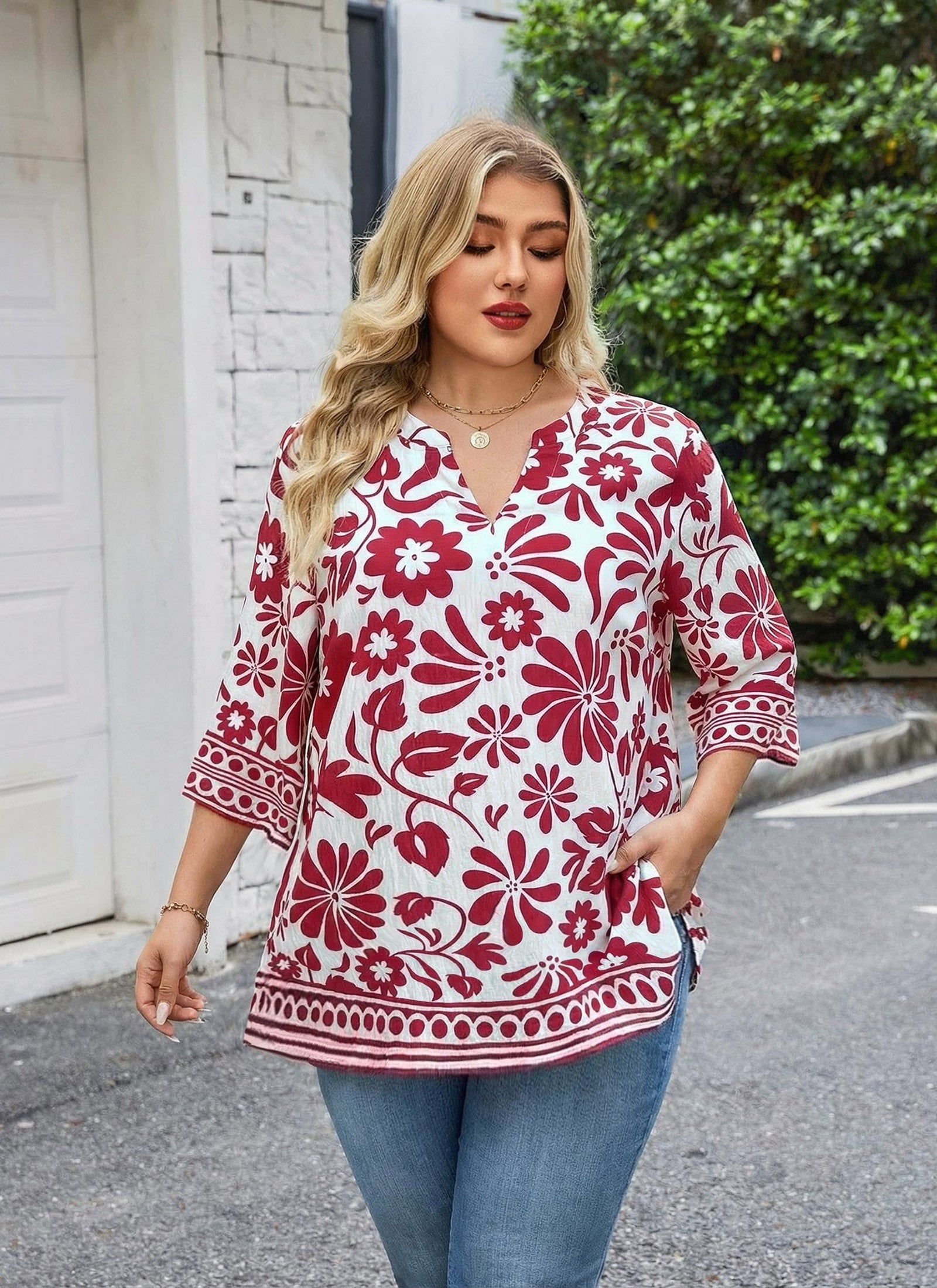 Plus Size Tops 3/4 Sleeve Boho Blouses Dressy Casual V Neck Tunic Loose Fit Floral Peasant Shirts