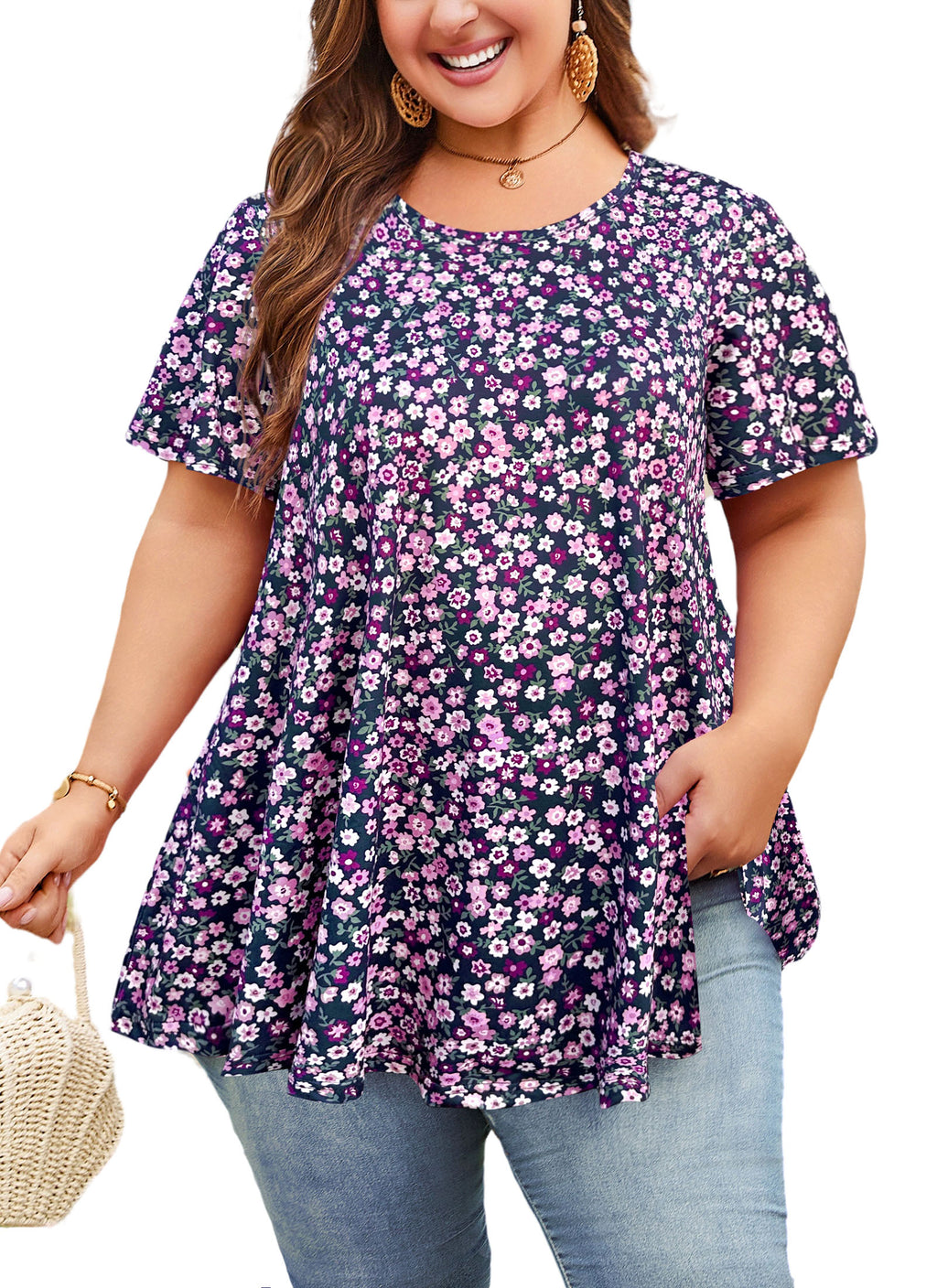 Womens Plus Size Tops Short Sleeve Swing Flare Flowy Tunic Loose Fit Summer Casual Blouses to Wear with Leggings