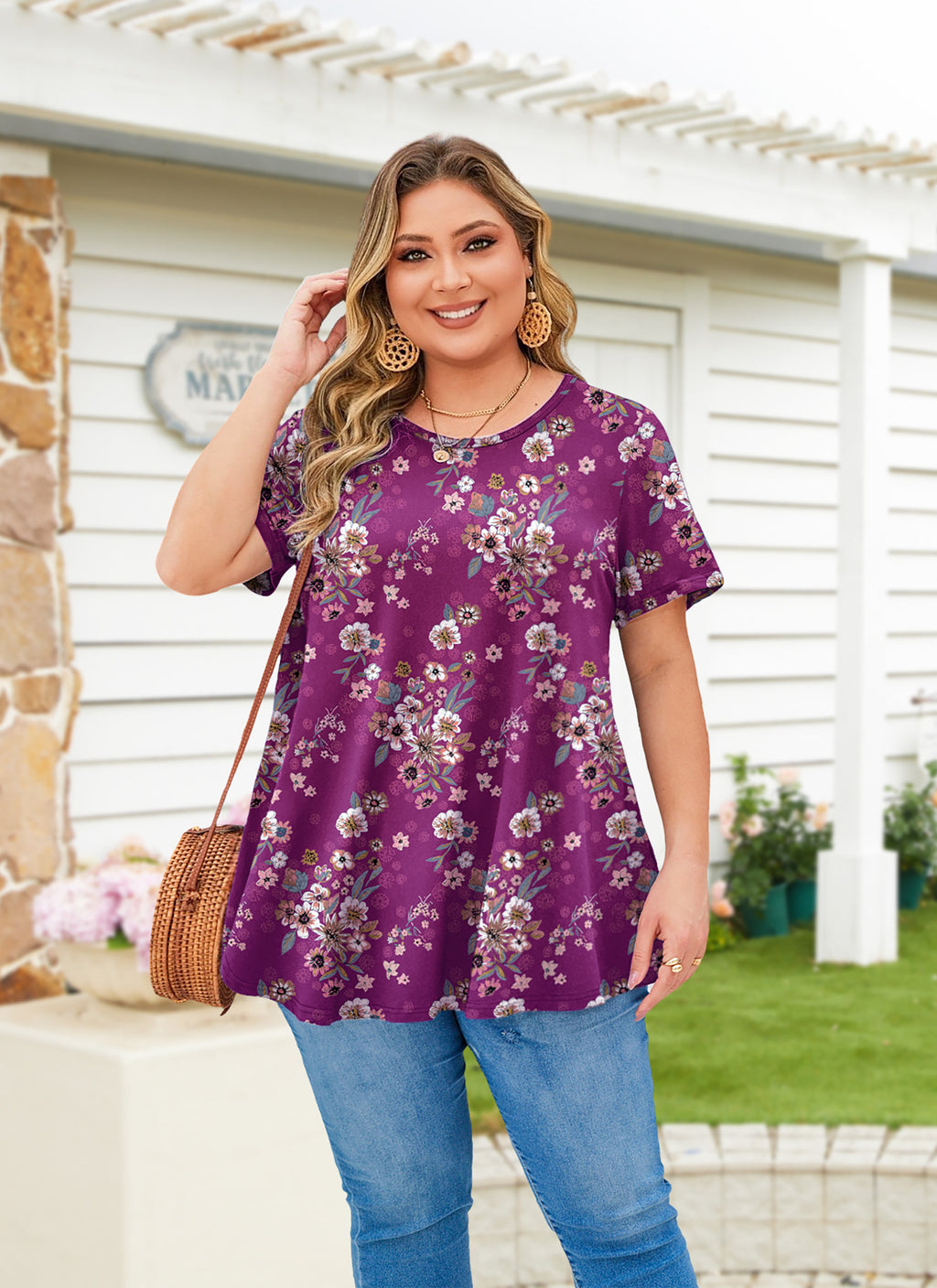 Tunic Tops for Women Plus Size Short Sleeve Crew Neck Swing Flare Loose T-Shirt Blouses to Wear with Leggings