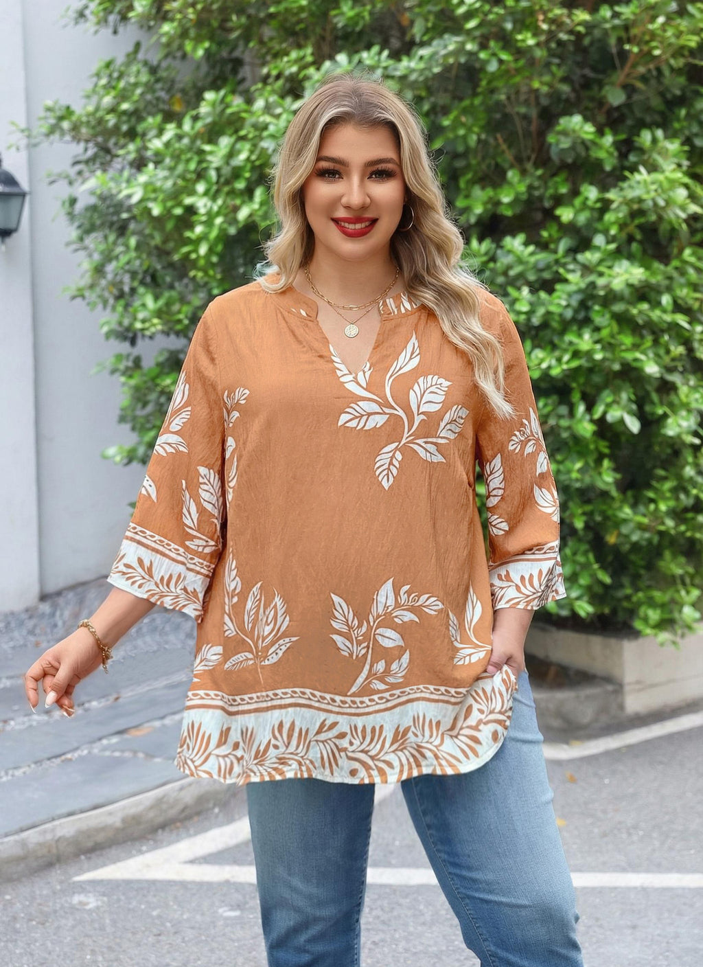 Plus Size Tops 3/4 Sleeve Boho Blouses Dressy Casual V Neck Tunic Loose Fit Floral Peasant Shirts