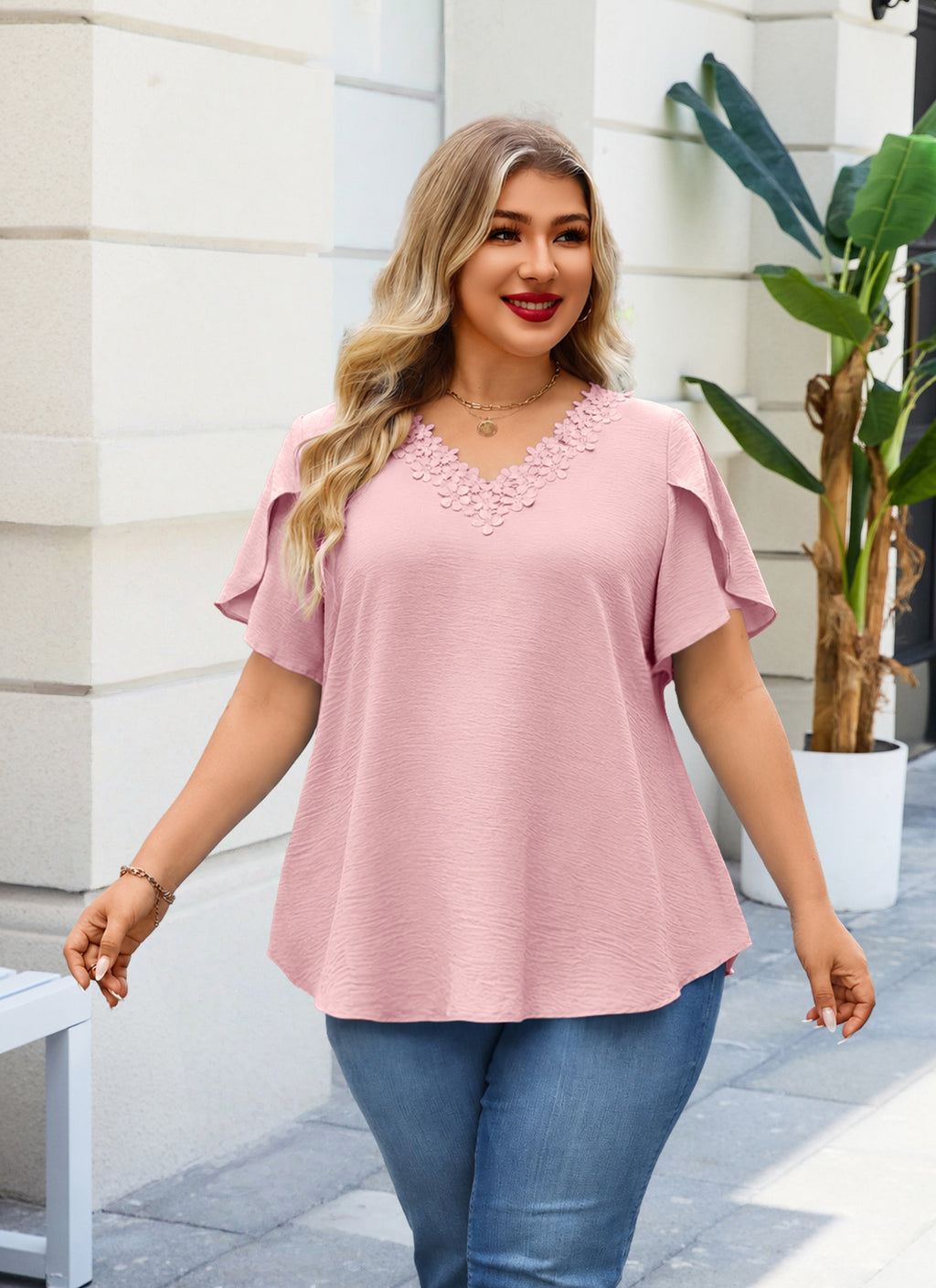 Women's V-Neck Floral Trim Blouse – Loose Fit Plus Size Top, Pink