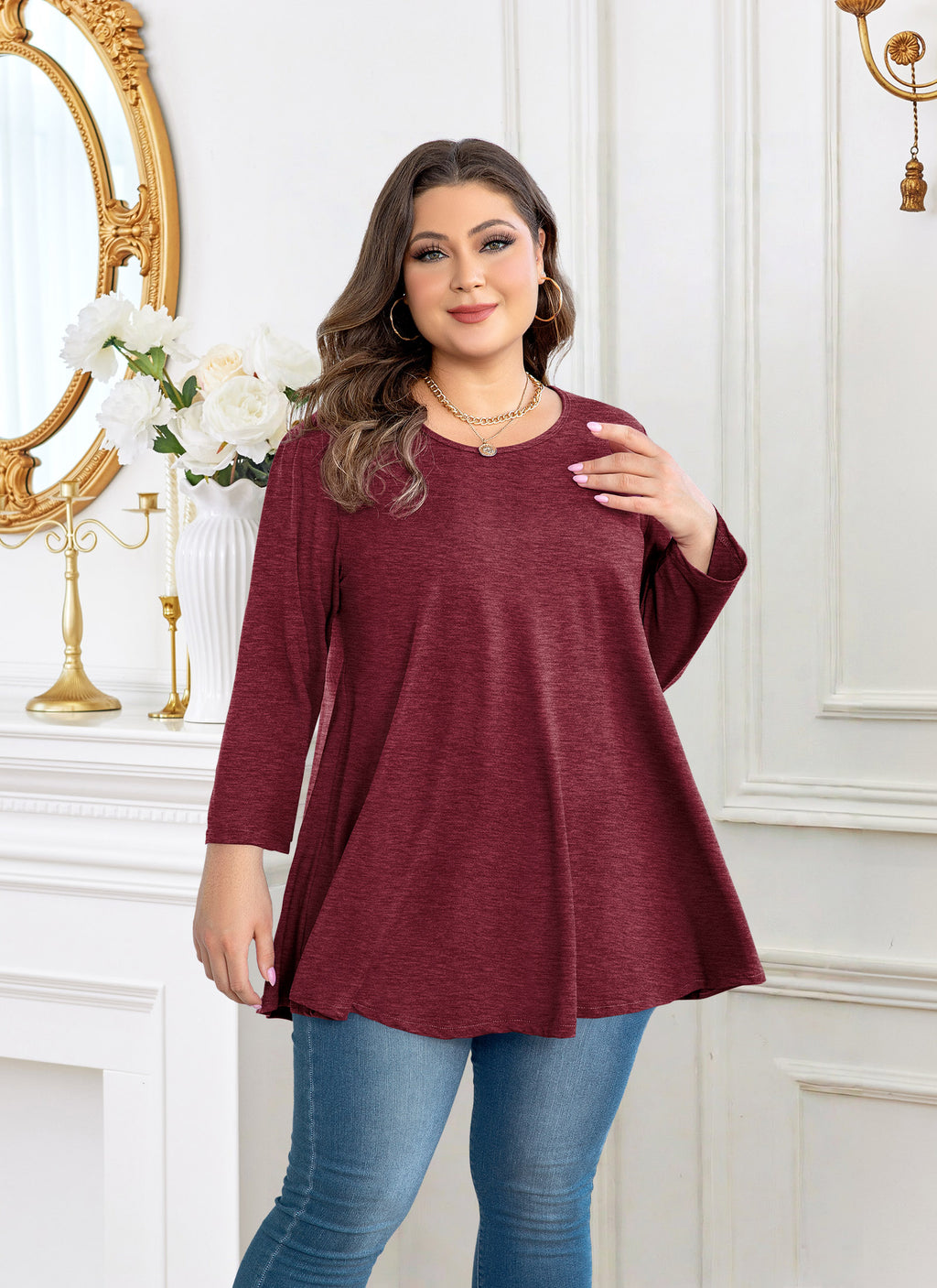 Plus Size Tops Womens Swing Tunic 3/4 Sleeve Flowy Long Blouses