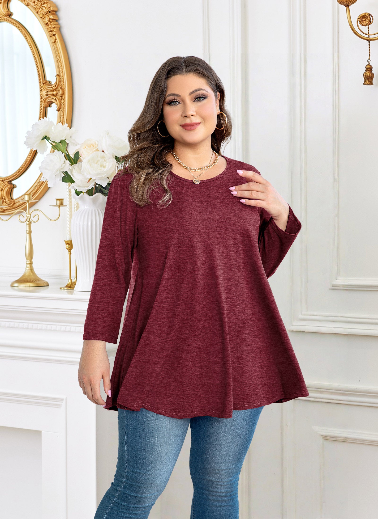 Plus Size Tops Womens Swing Tunic 3/4 Sleeve Flowy Long Blouses