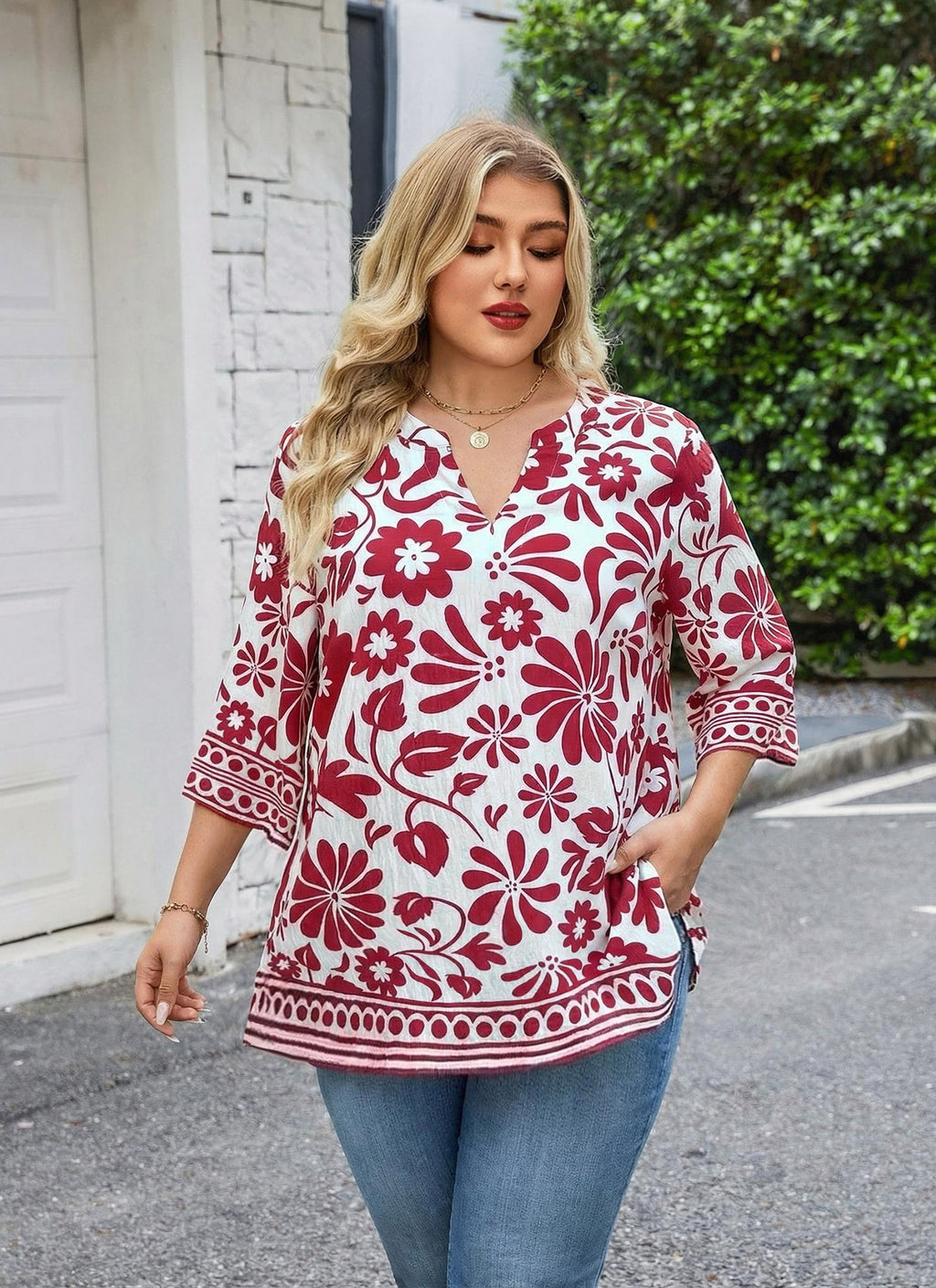Plus Size Tops 3/4 Sleeve Boho Blouses Dressy Casual V Neck Tunic Loose Fit Floral Peasant Shirts