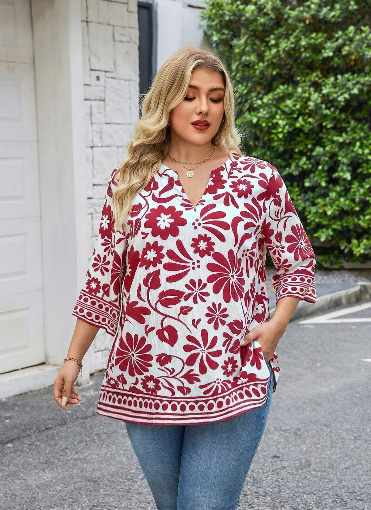Plus Size Tops 3/4 Sleeve Boho Blouses Dressy Casual V Neck Tunic Loose Fit Floral Peasant Shirts