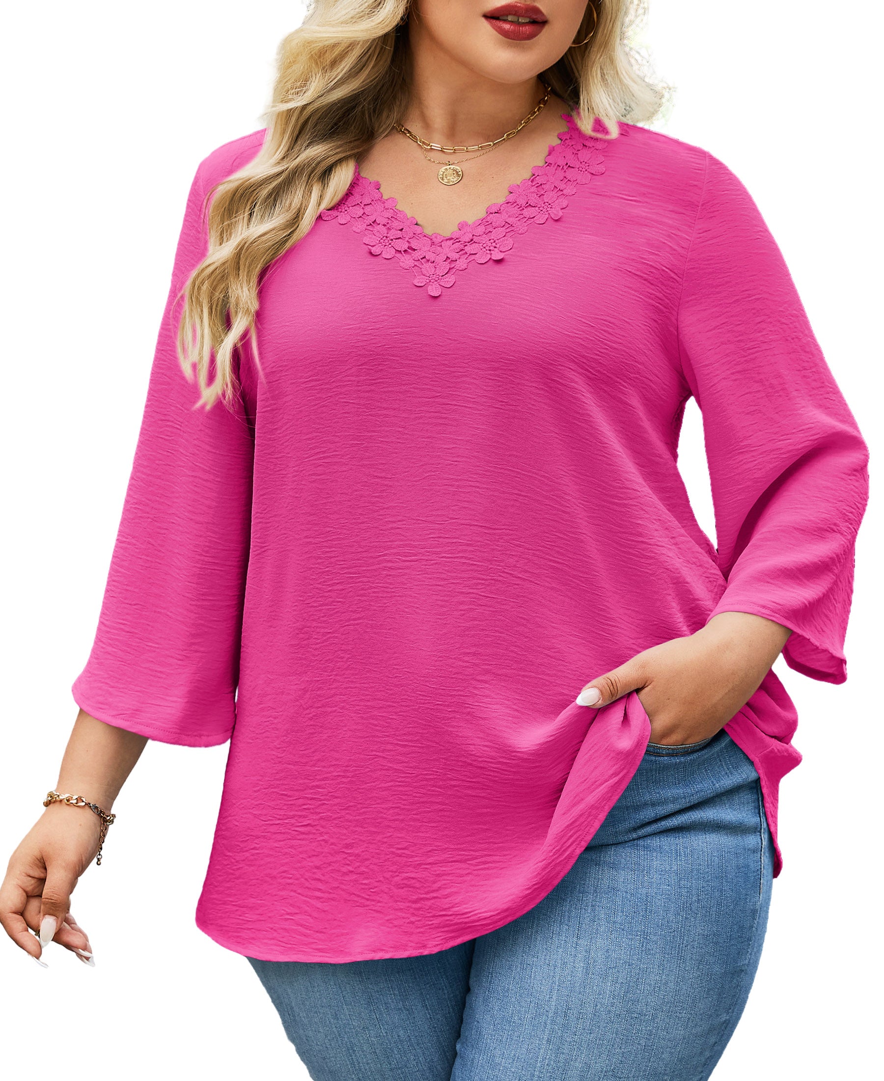 Womens Plus Size Blouses Dressy Casual 3/4 Sleeve Elegant V Neck Floral Trim Ladies Tunics Tops