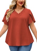 Women's V-Neck Floral Lace Trim Blouse – Loose Fit Plus Size Top, Burnt Orange