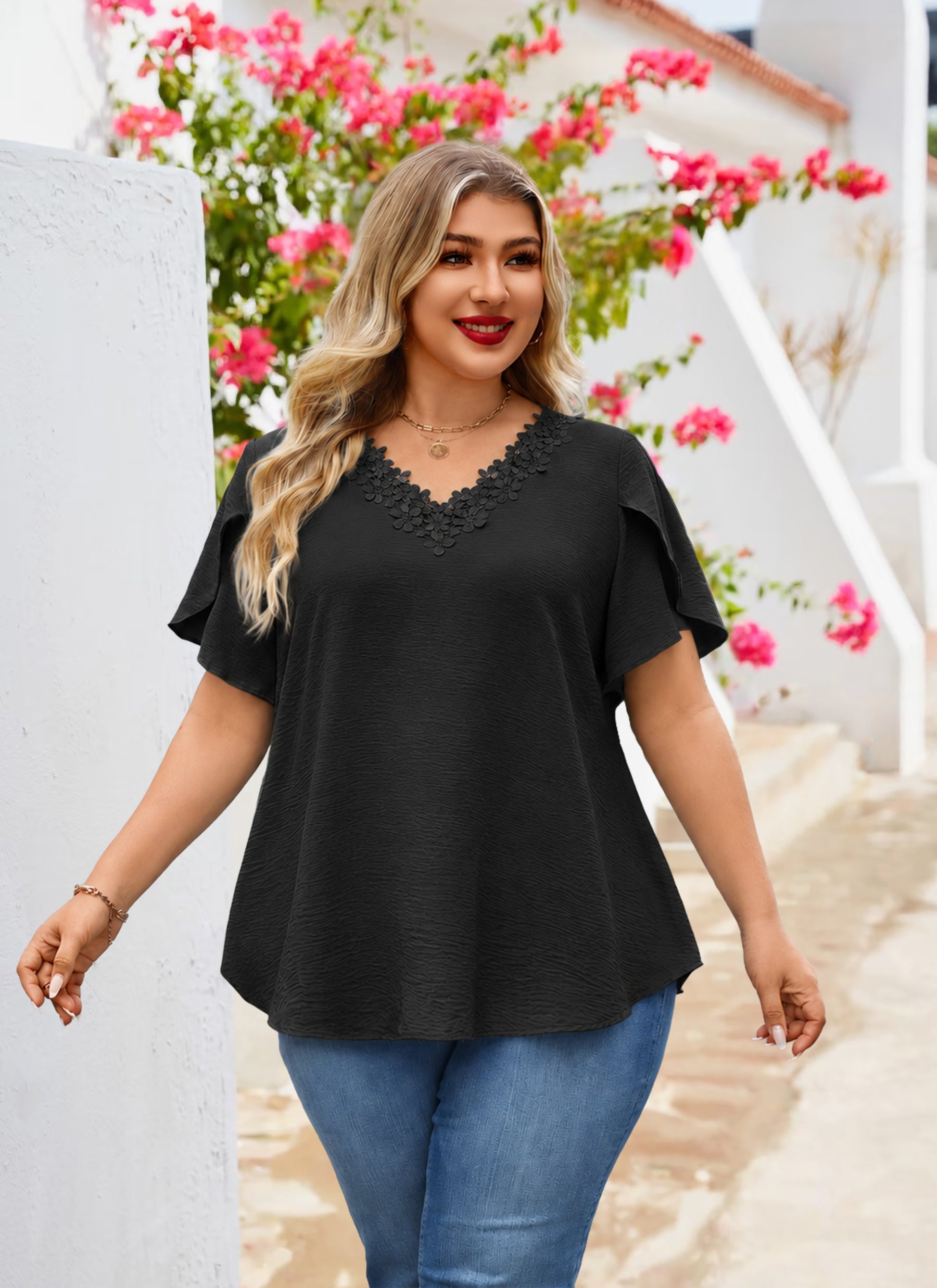Plus Size Top V Neck Short Sleeve Blouses for Curvy Women Loose Fit Dressy Floral Trim Ladies Tunic