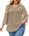 Womens Plus Size Blouses Dressy Casual 3/4 Sleeve Elegant V Neck Floral Trim Ladies Tunics Tops