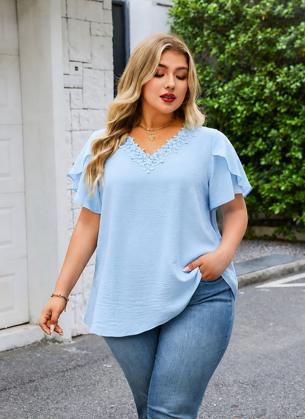 Plus Size Top V Neck Short Sleeve Blouses for Curvy Women Loose Fit Dressy Floral Trim Ladies Tunic