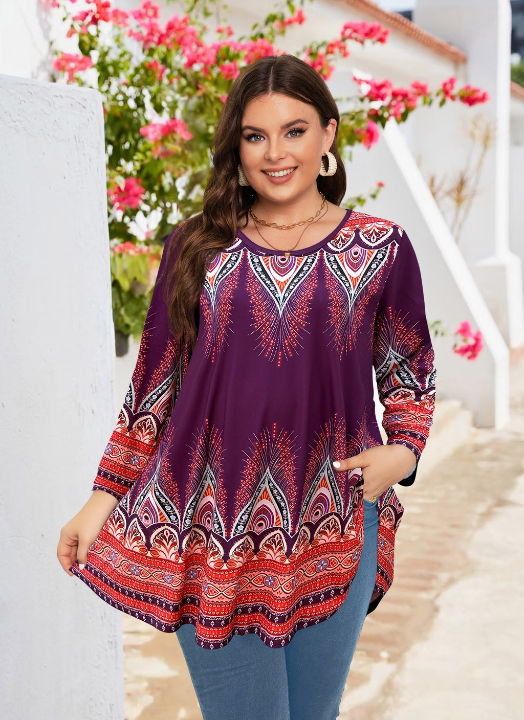 Womens Tunic 3/4 Sleeve Plus Size Tops Crew Neck Swing Flowy Loose Fit T-Shirt Blouses to Wear with Leggings