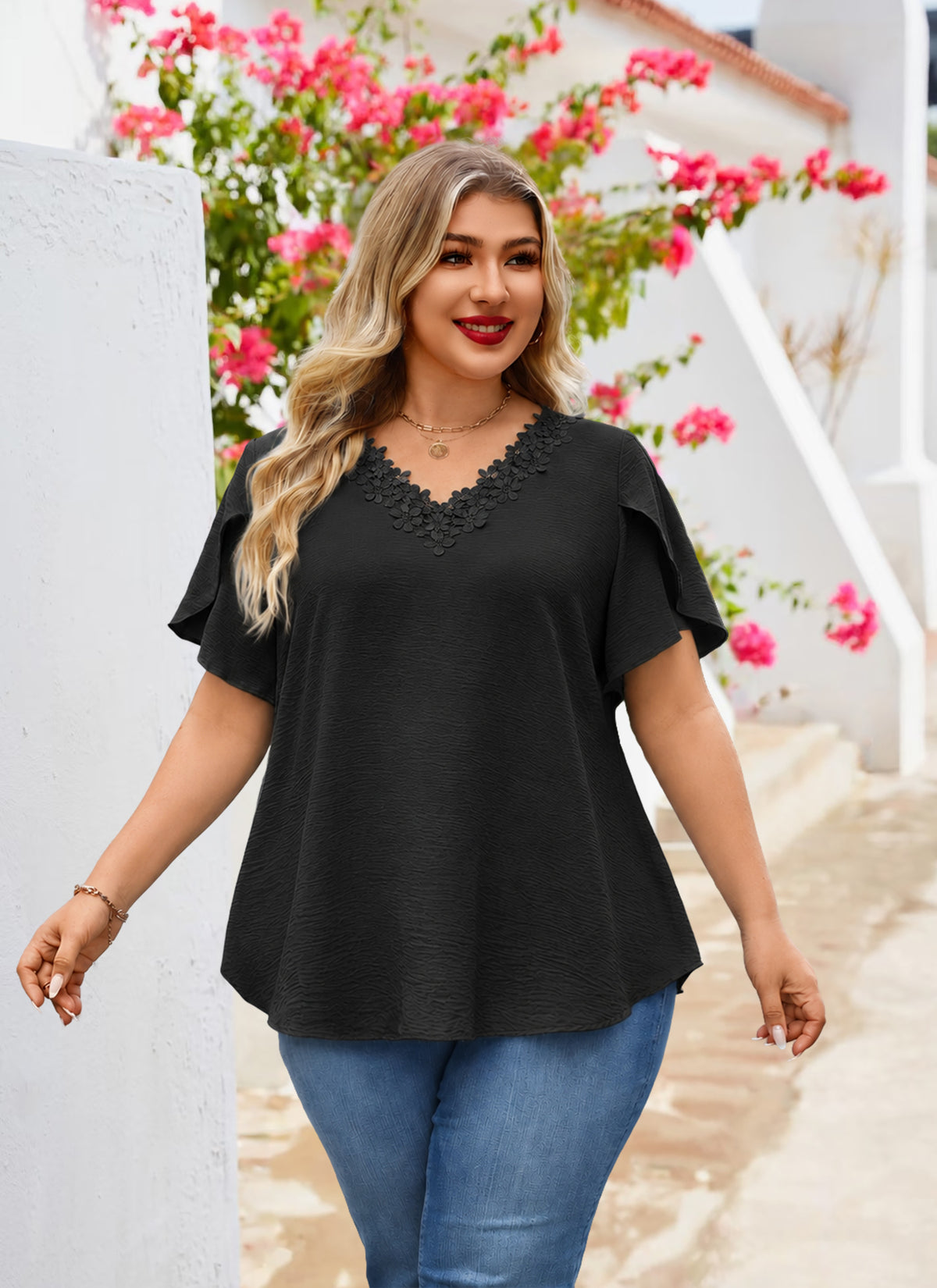 Women's V-Neck Floral Trim Blouse – Loose Fit Plus Size Top, Black
