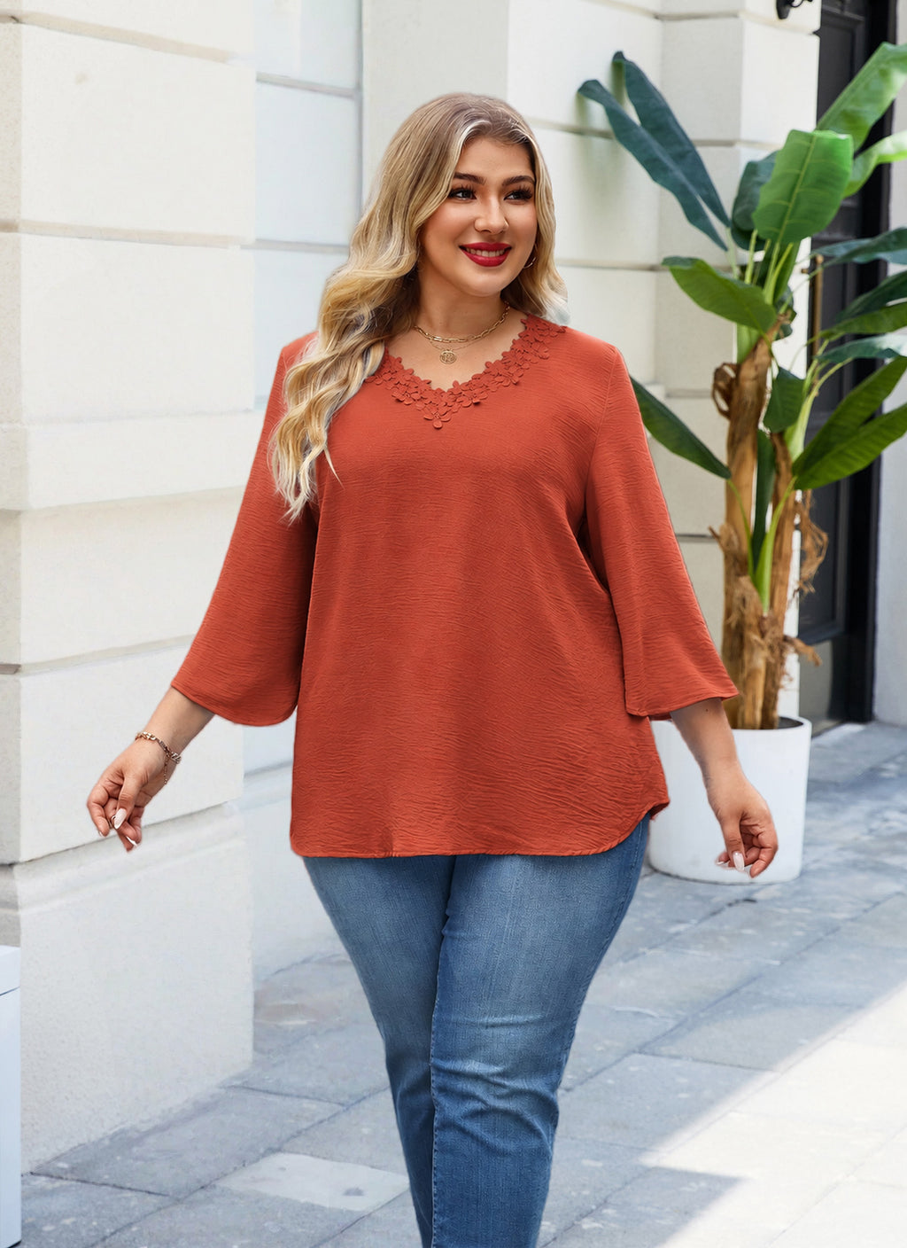 Womens Plus Size Blouses Dressy Casual 3/4 Sleeve Elegant V Neck Floral Trim Ladies Tunics Tops