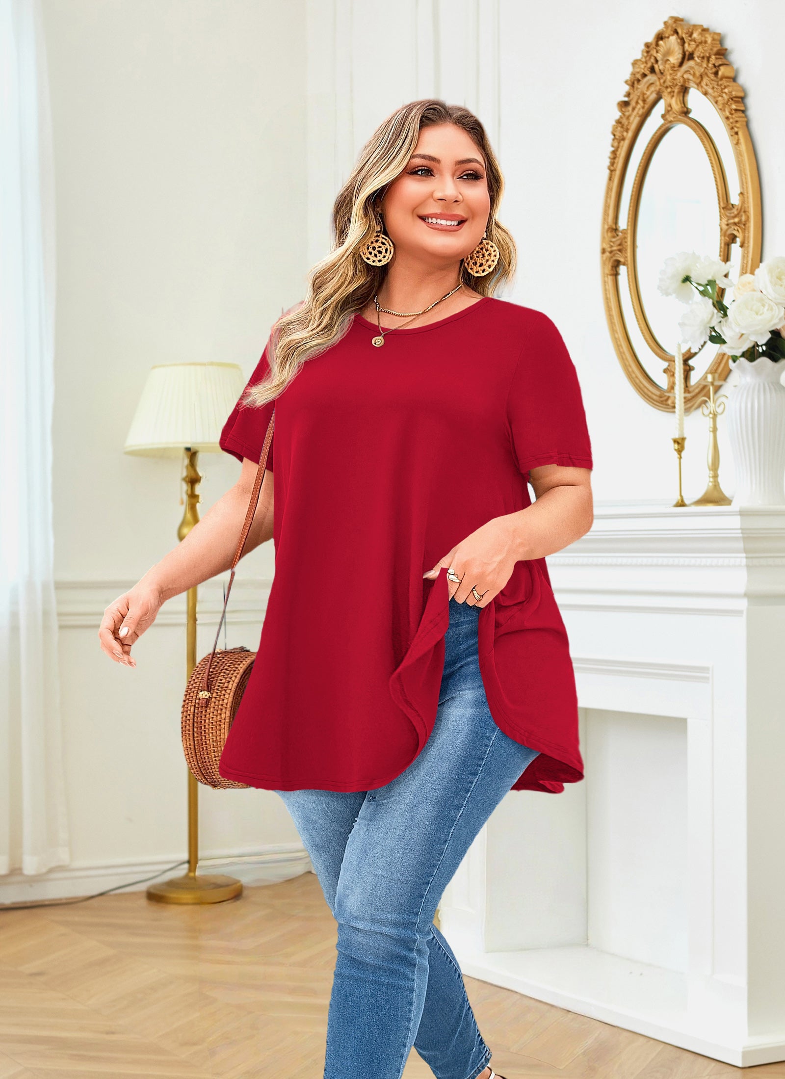 Tunic Tops for Women Plus Size Short Sleeve Crew Neck Swing Flare Loose T-Shirt Blouses to Wear with Leggings