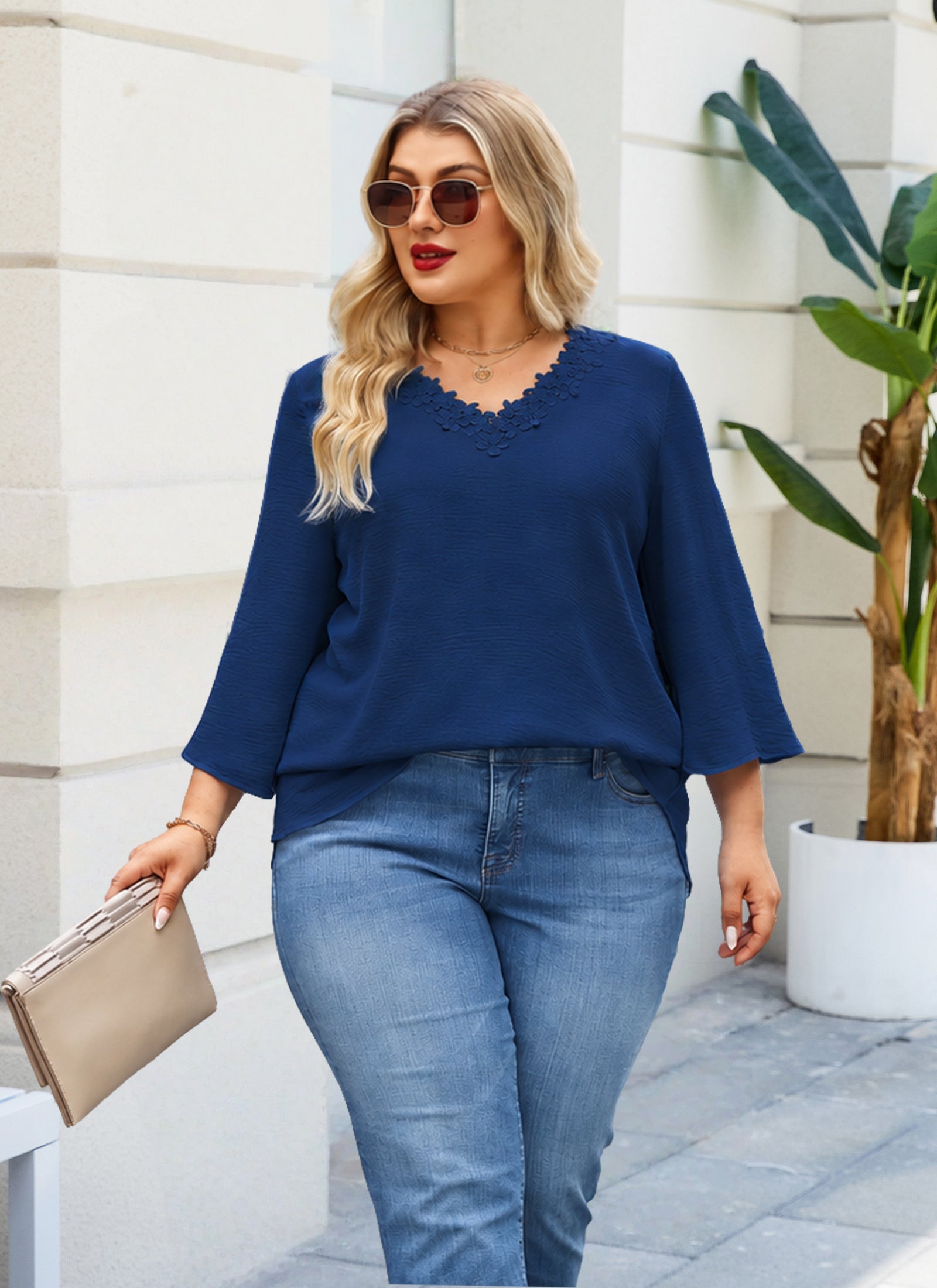 Womens Plus Size Blouses Dressy Casual 3/4 Sleeve Elegant V Neck Floral Trim Ladies Tunics Tops