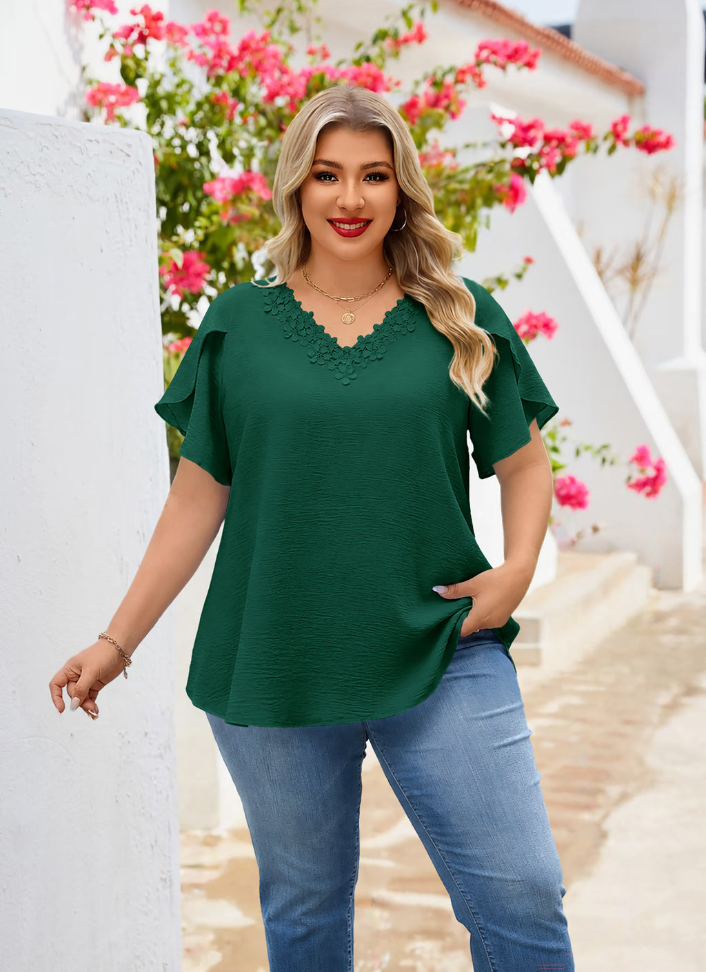 Women's V-Neck Floral Trim Blouse – Loose Fit Plus Size Top, Green