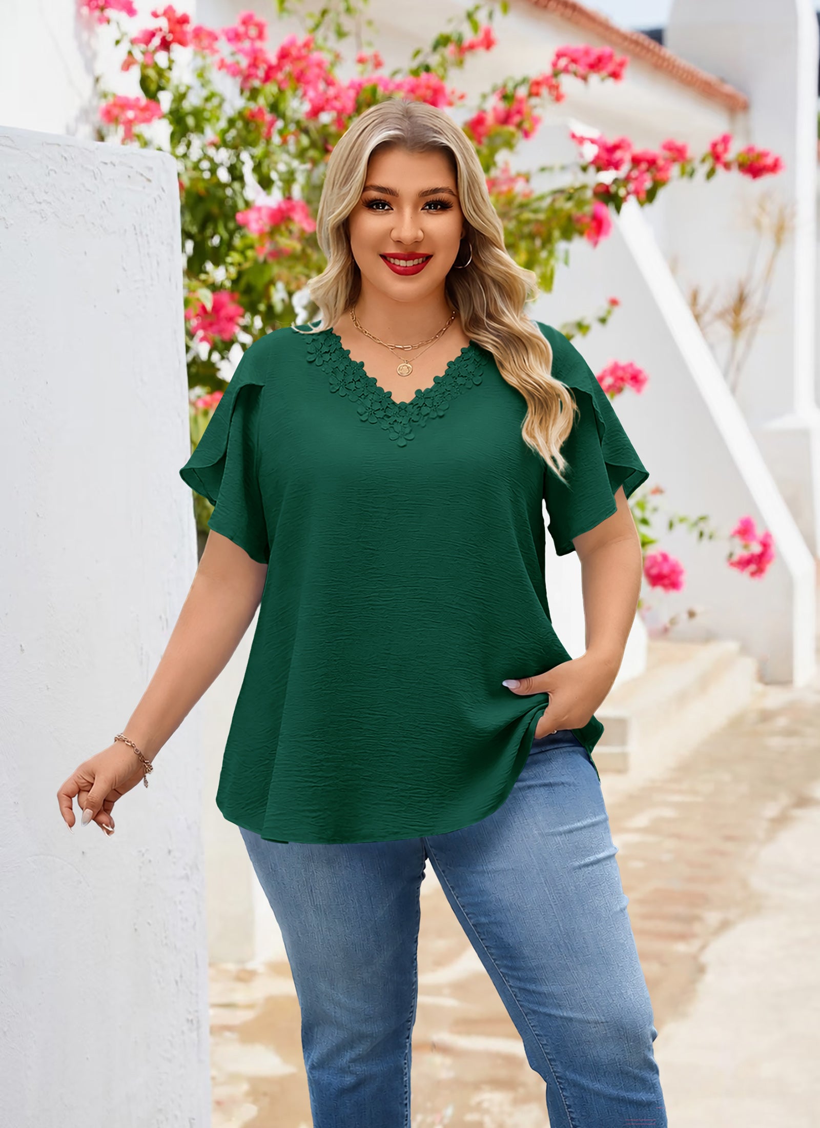 Women's V-Neck Floral Trim Blouse – Loose Fit Plus Size Top, Green