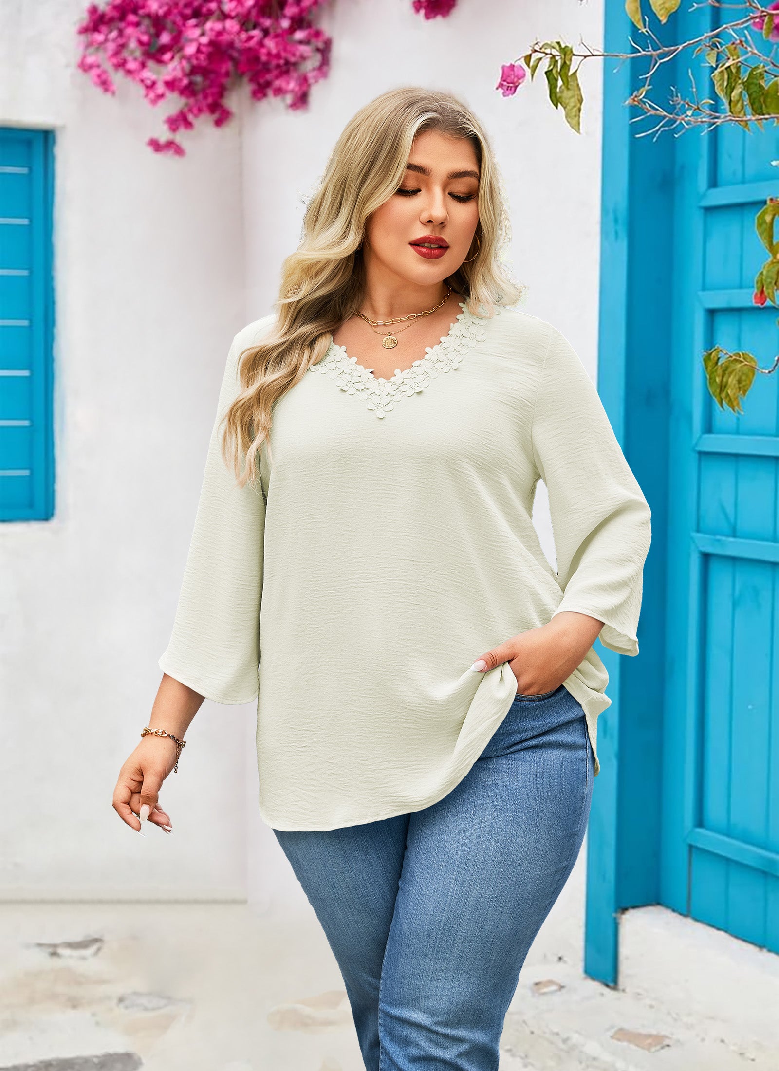 Women's Plus Size Tunic Top | 3/4 Sleeve V-Neck Floral Lace Trim Blouse | XL–6XL
