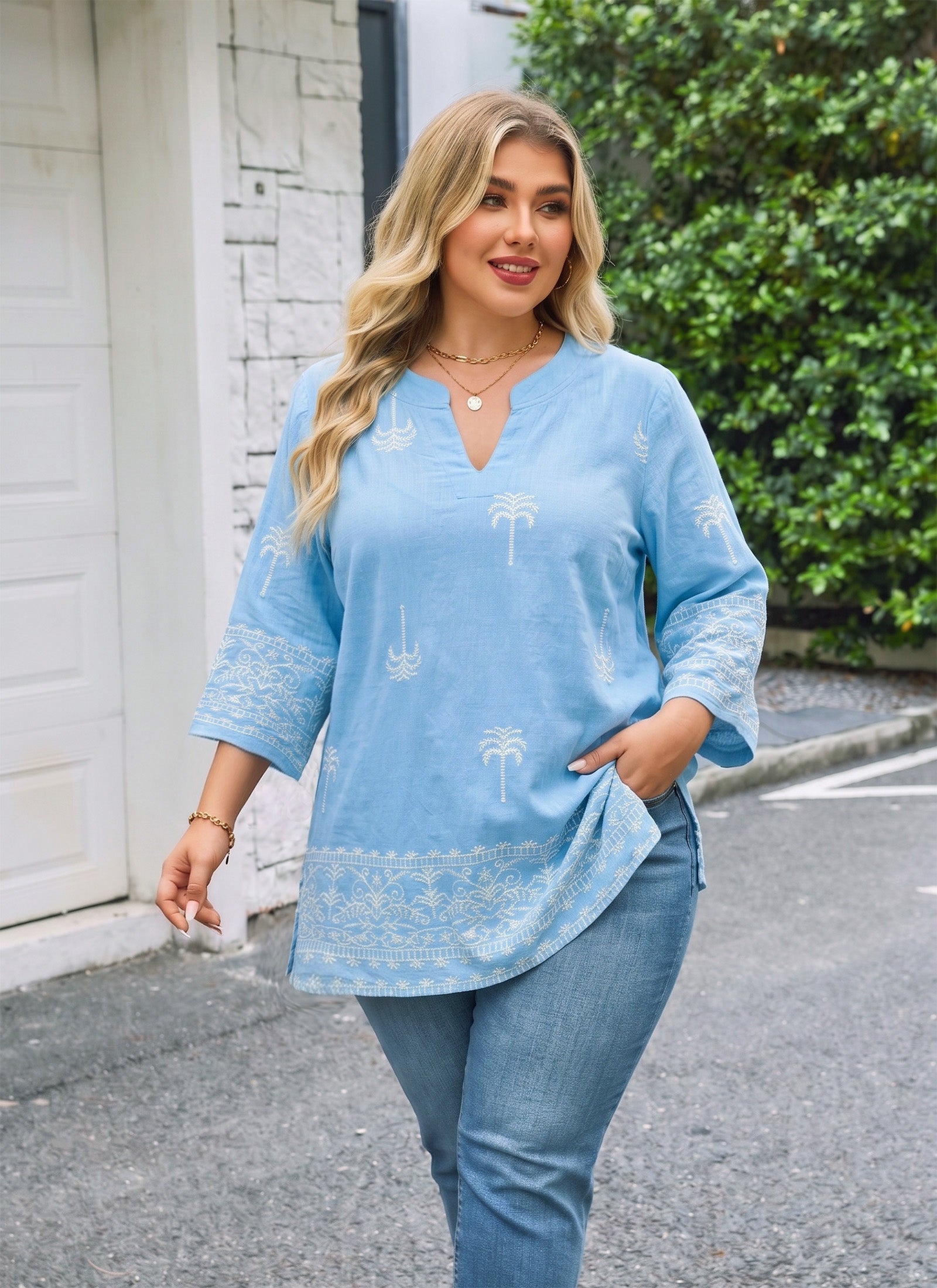 Plus Size Tops 3/4 Sleeve Boho Blouses Dressy Casual V Neck Tunic Loose Fit Floral Peasant Shirts