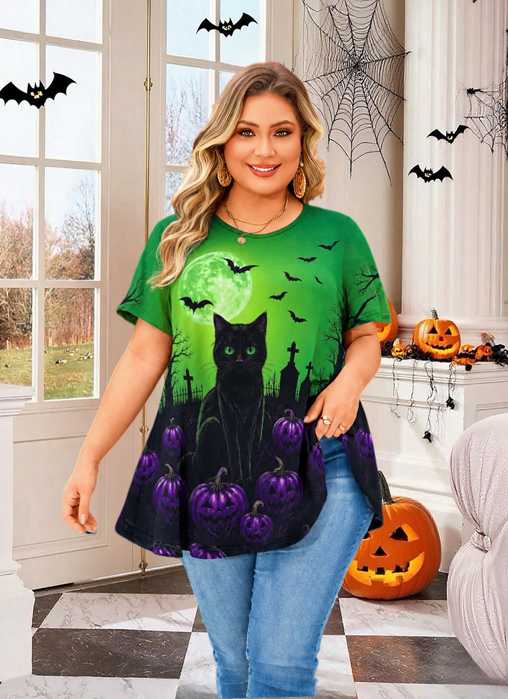 Green Halloween Tunic Top for Women – Flowy Swing Blouse, Plus Size