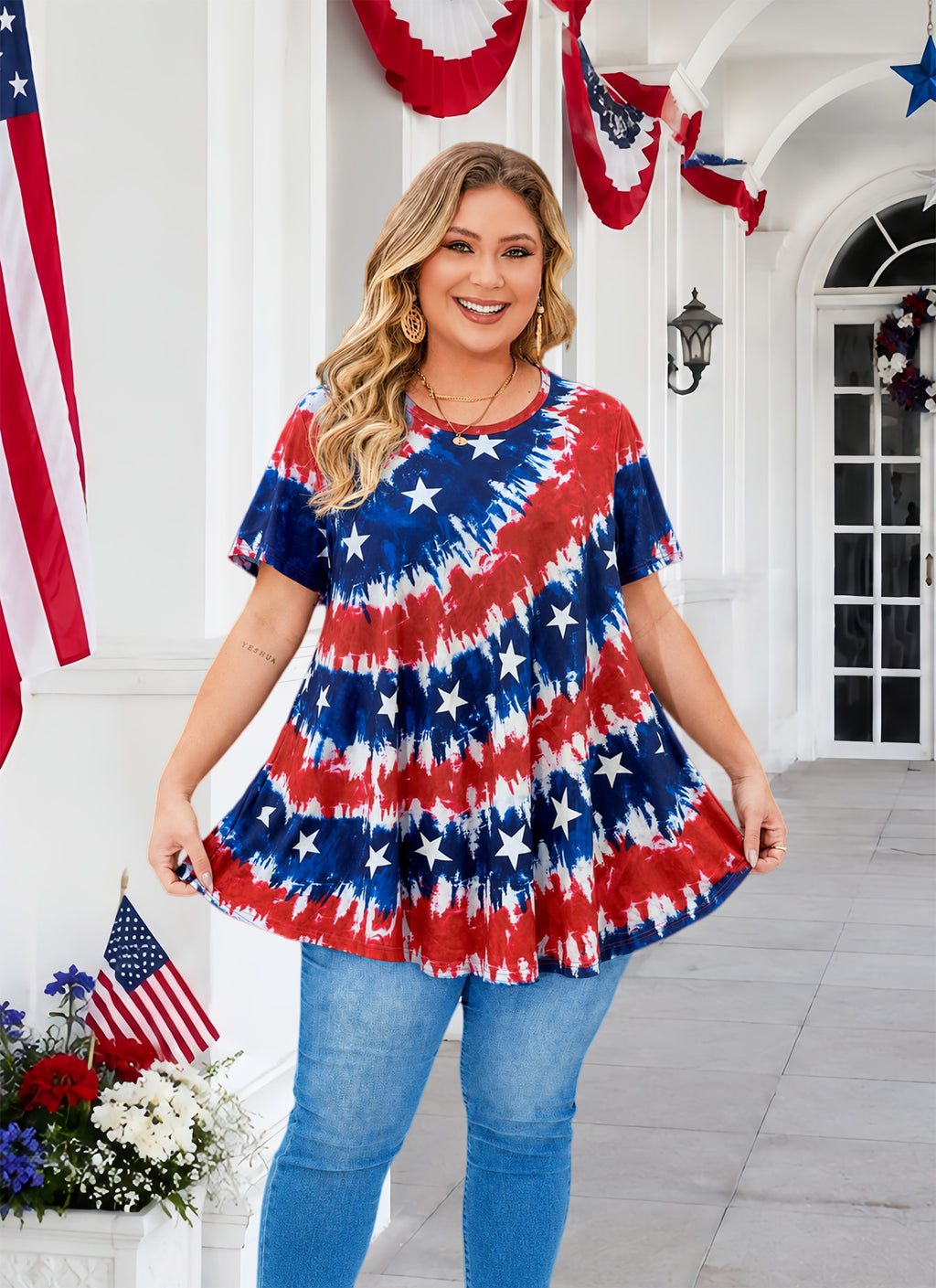 Tunic Tops for Women Plus Size Short Sleeve Crew Neck Swing Flare Loose T-Shirt Blouses to Wear with Leggings