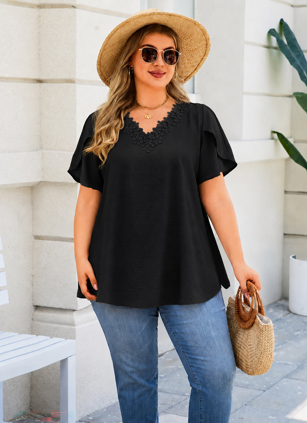 Women's V-Neck Floral Trim Blouse – Loose Fit Plus Size Top, Black