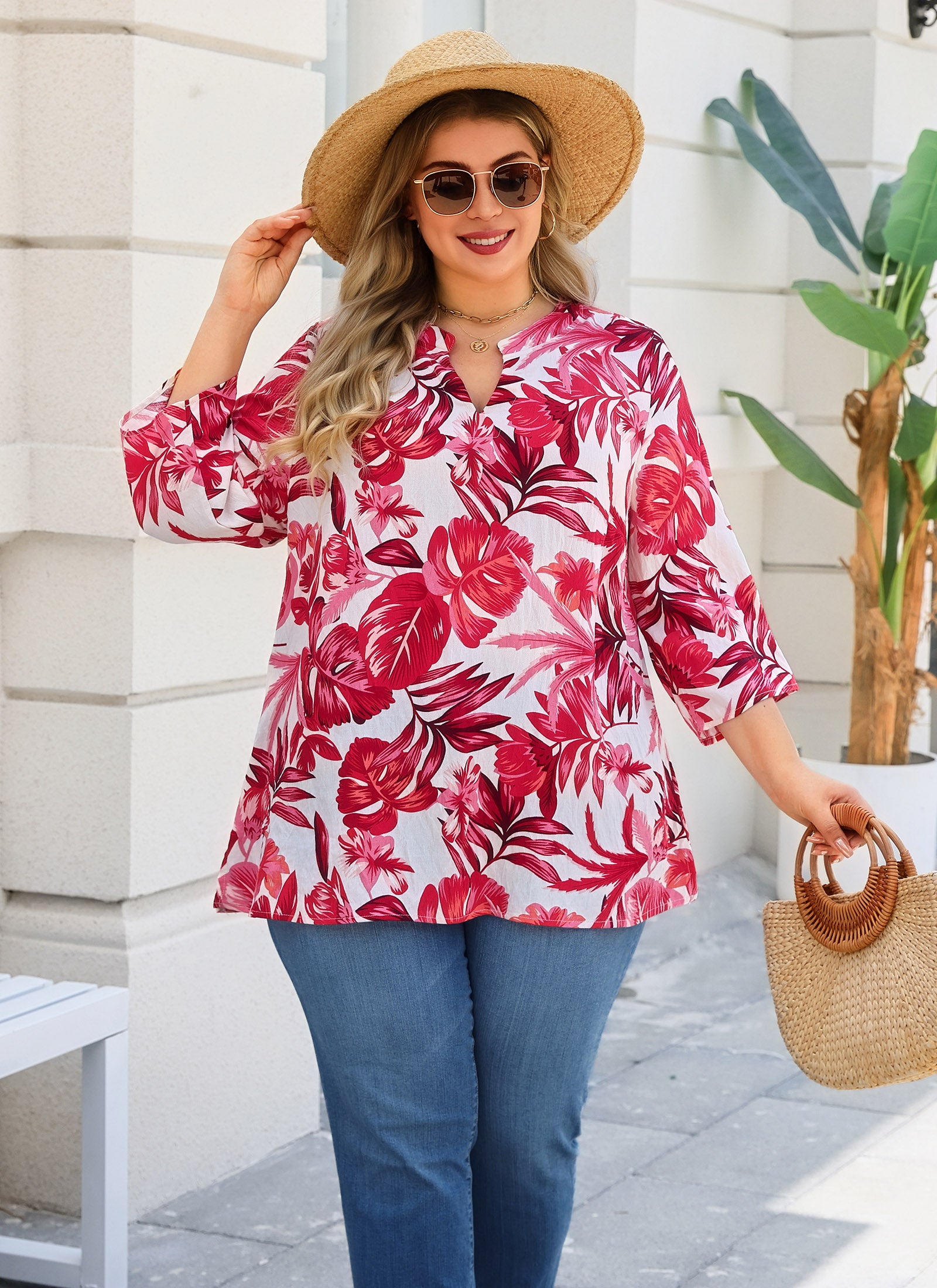 Plus Size Tops 3/4 Sleeve Boho Blouses Dressy Casual V Neck Tunic Loose Fit Floral Peasant Shirts