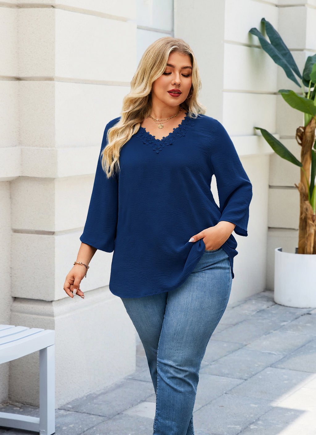 Womens Plus Size Blouses Dressy Casual 3/4 Sleeve Elegant V Neck Floral Trim Ladies Tunics Tops
