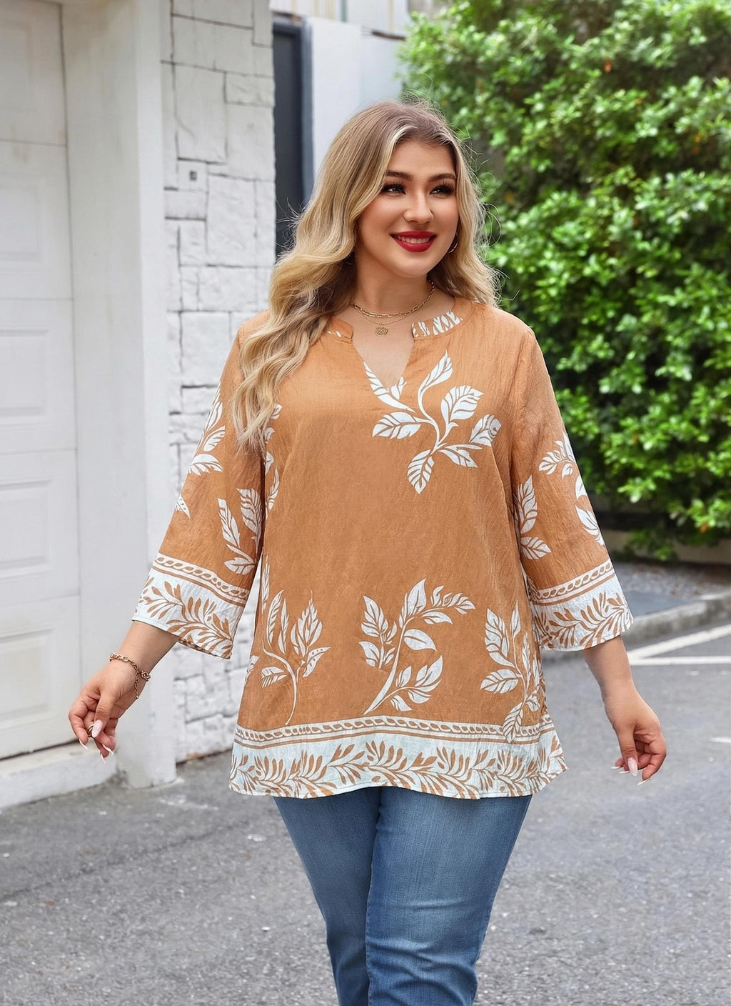 Plus Size Tops 3/4 Sleeve Boho Blouses Dressy Casual V Neck Tunic Loose Fit Floral Peasant Shirts