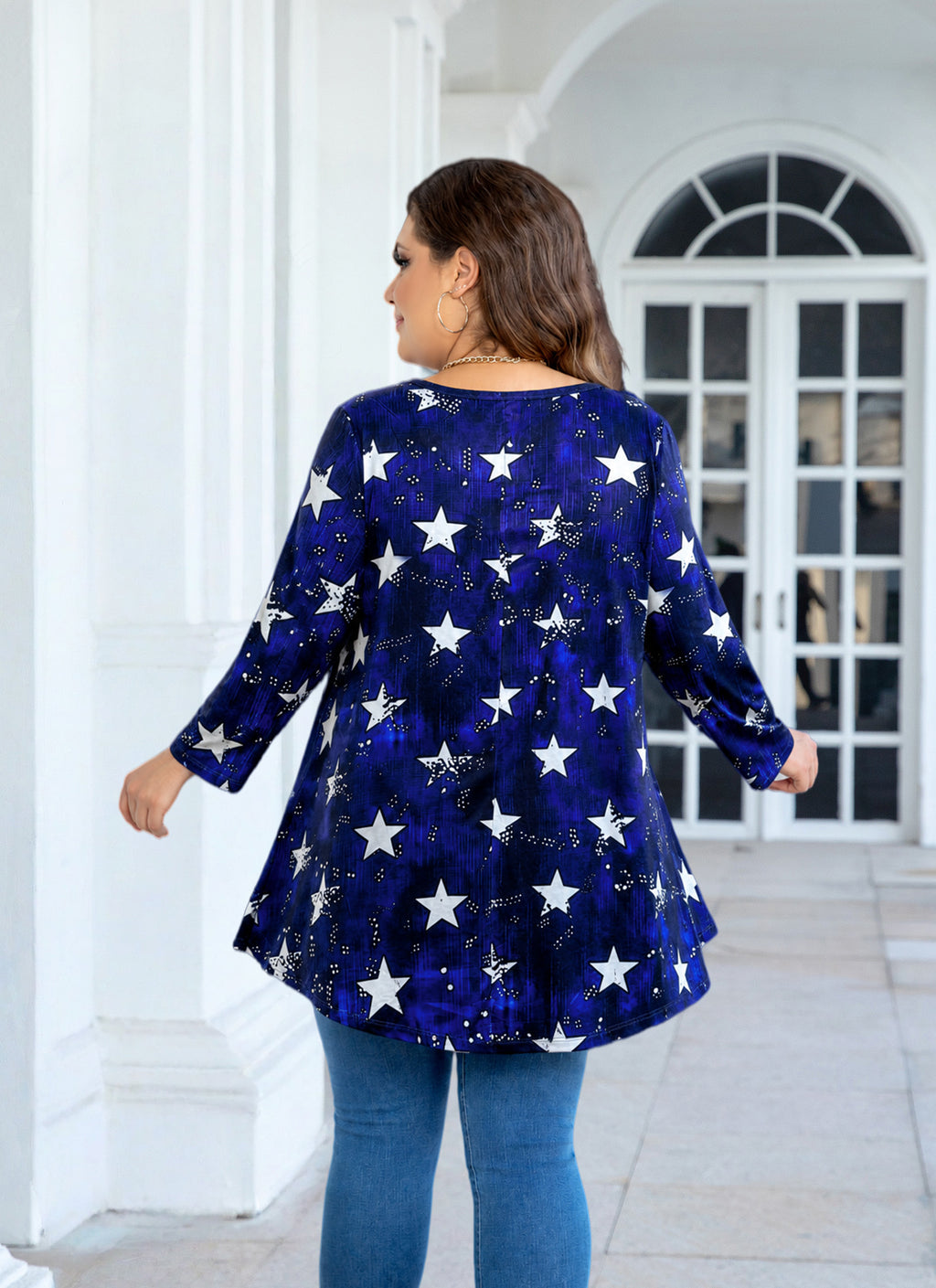 Women's Plus Size American Flag Swing Tunic Top | 3/4 Sleeve