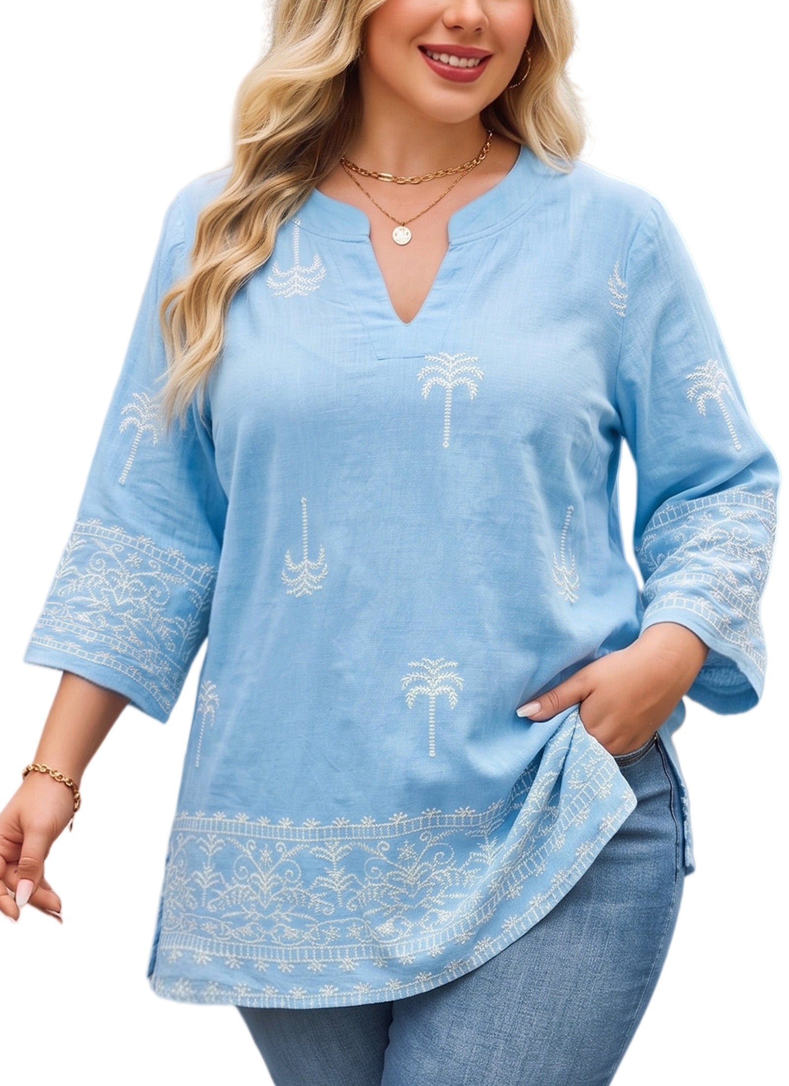 Plus Size Tops 3/4 Sleeve Boho Blouses Dressy Casual V Neck Tunic Loose Fit Floral Peasant Shirts