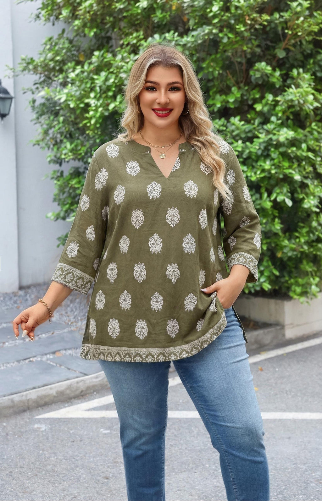 Plus Size Tops 3/4 Sleeve Boho Blouses Dressy Casual V Neck Tunic Loose Fit Floral Peasant Shirts