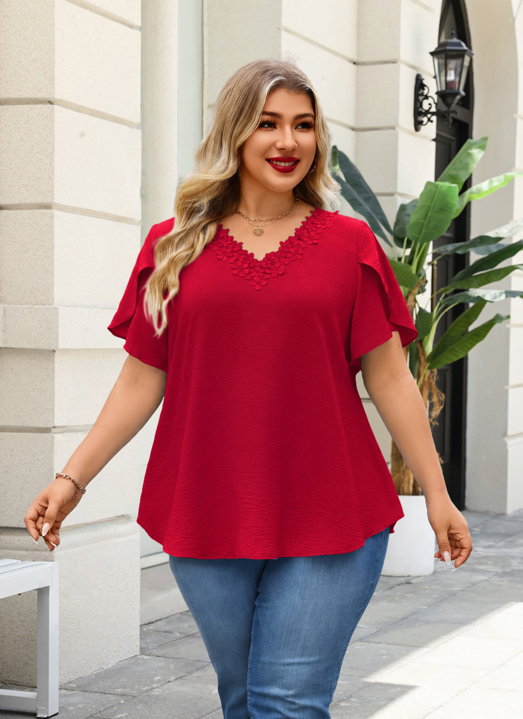 Women's V-Neck Floral Lace Trim Blouse – Loose Fit Plus Size Top, Red