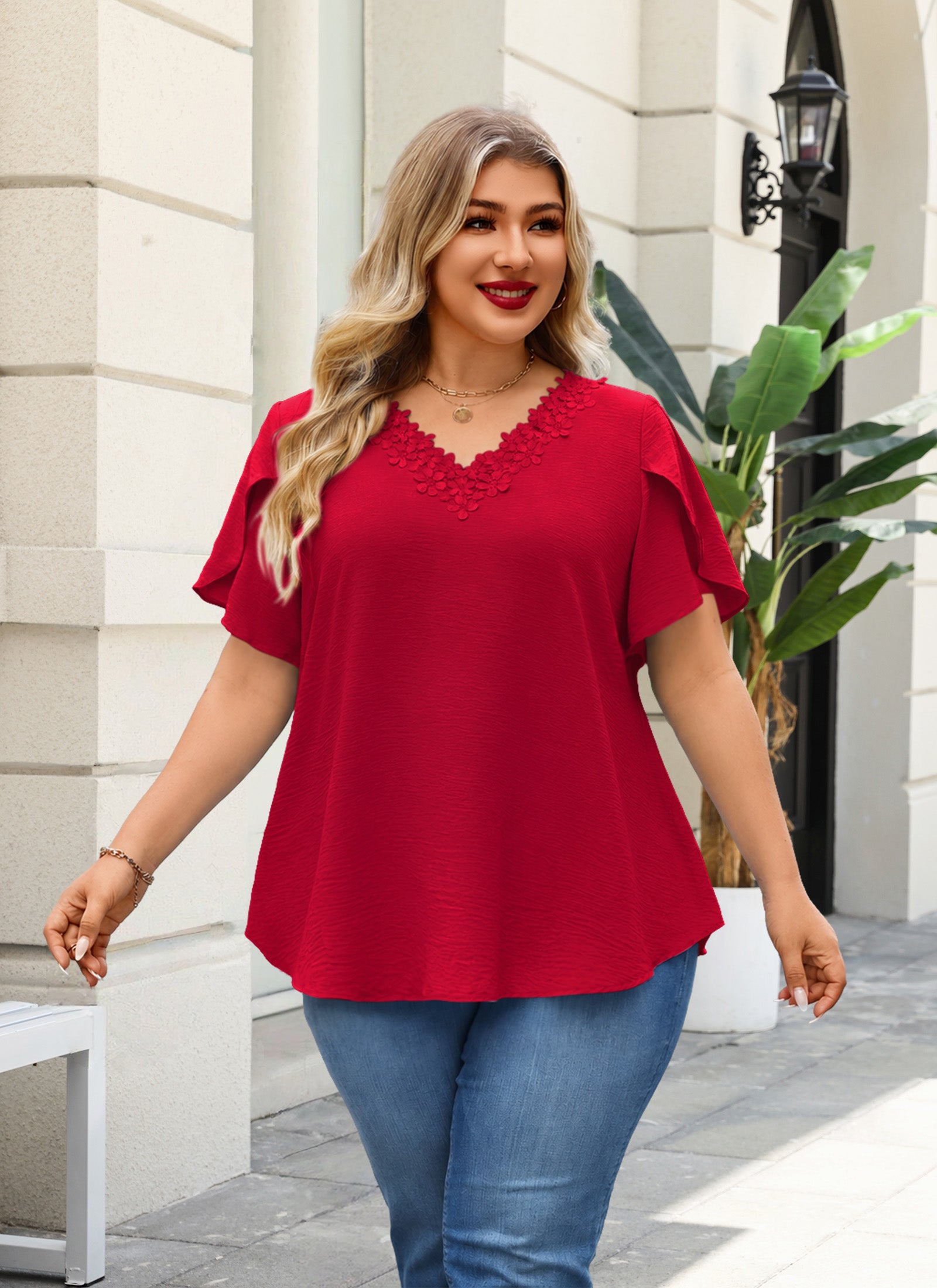 Women's V-Neck Floral Lace Trim Blouse – Loose Fit Plus Size Top, Red