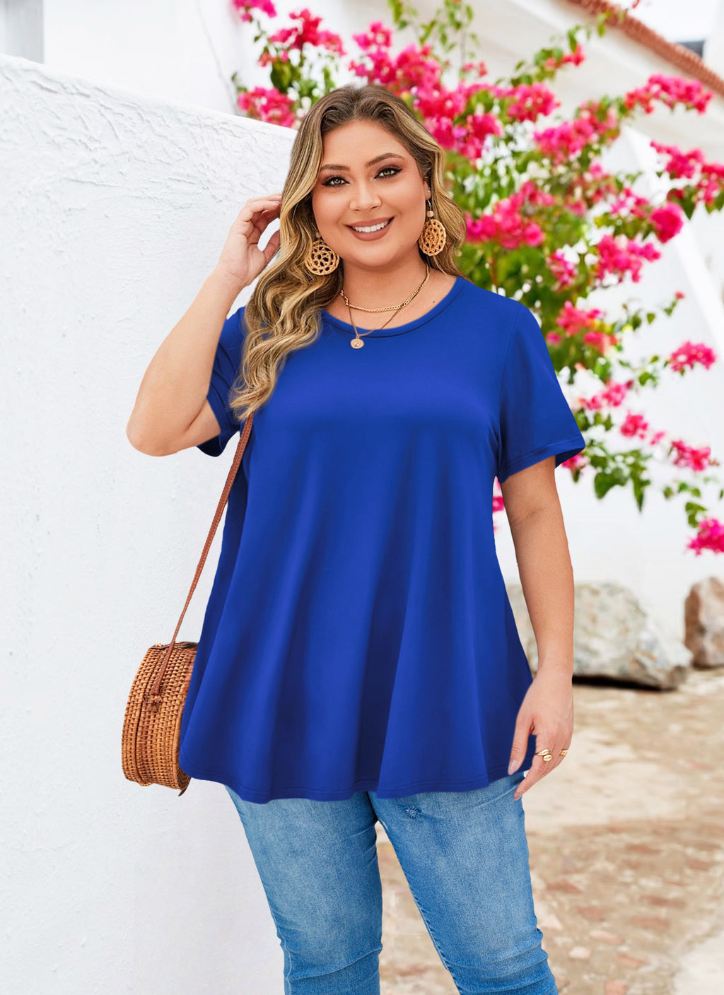 Tunic Tops for Women Plus Size Short Sleeve Crew Neck Swing Flare Loose T-Shirt Blouses to Wear with Leggings