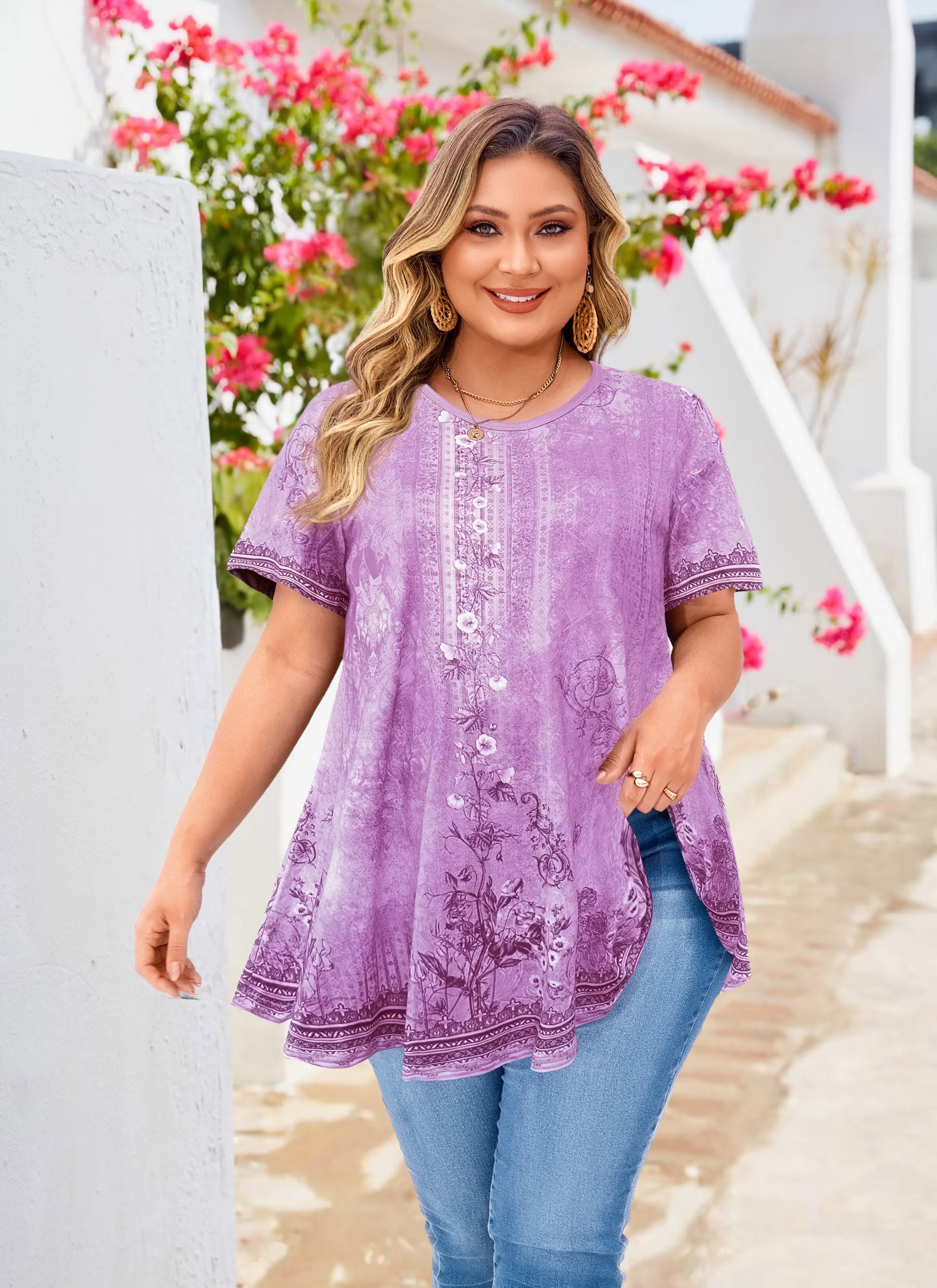 Womens Plus Size Tops Short Sleeve Swing Flare Flowy Tunic Loose Fit Summer Casual Blouses to Wear with Leggings
