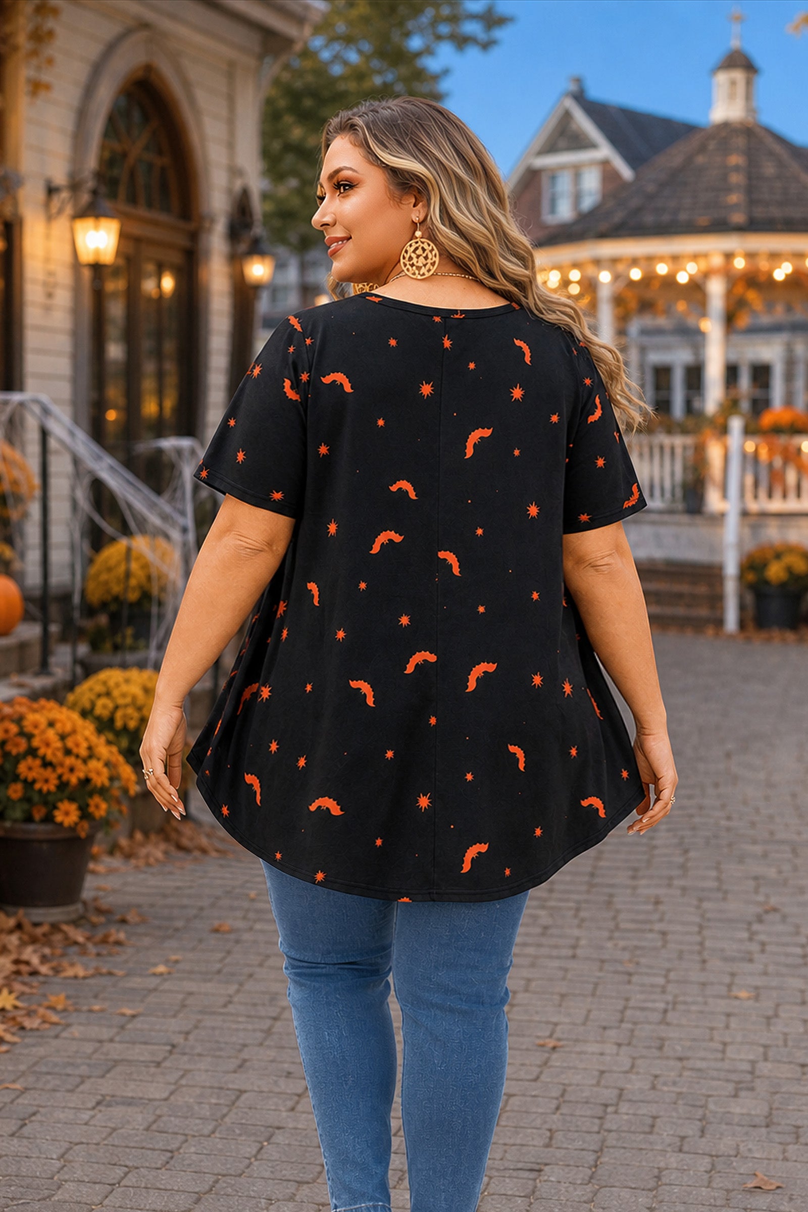 Black & Orange Halloween Tunic Top for Women – Flowy Swing Blouse, Plus Size