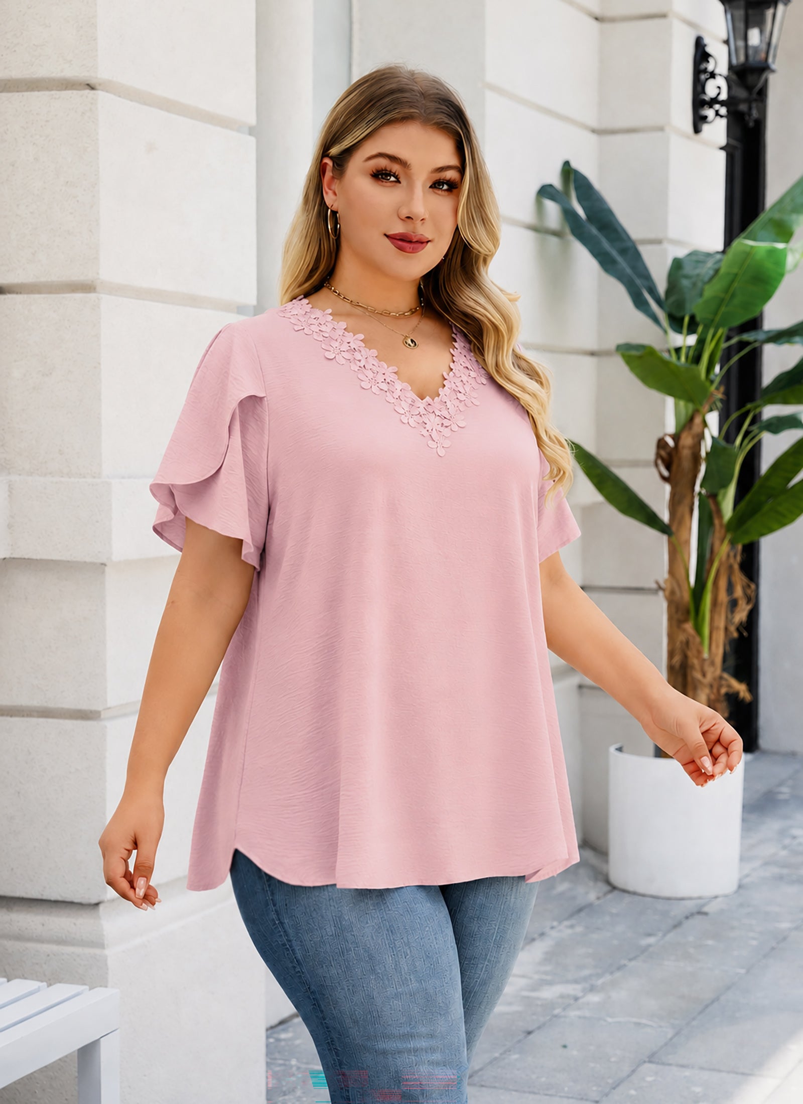 Plus Size Top V Neck Short Sleeve Blouses for Curvy Women Loose Fit Dressy Floral Trim Ladies Tunic