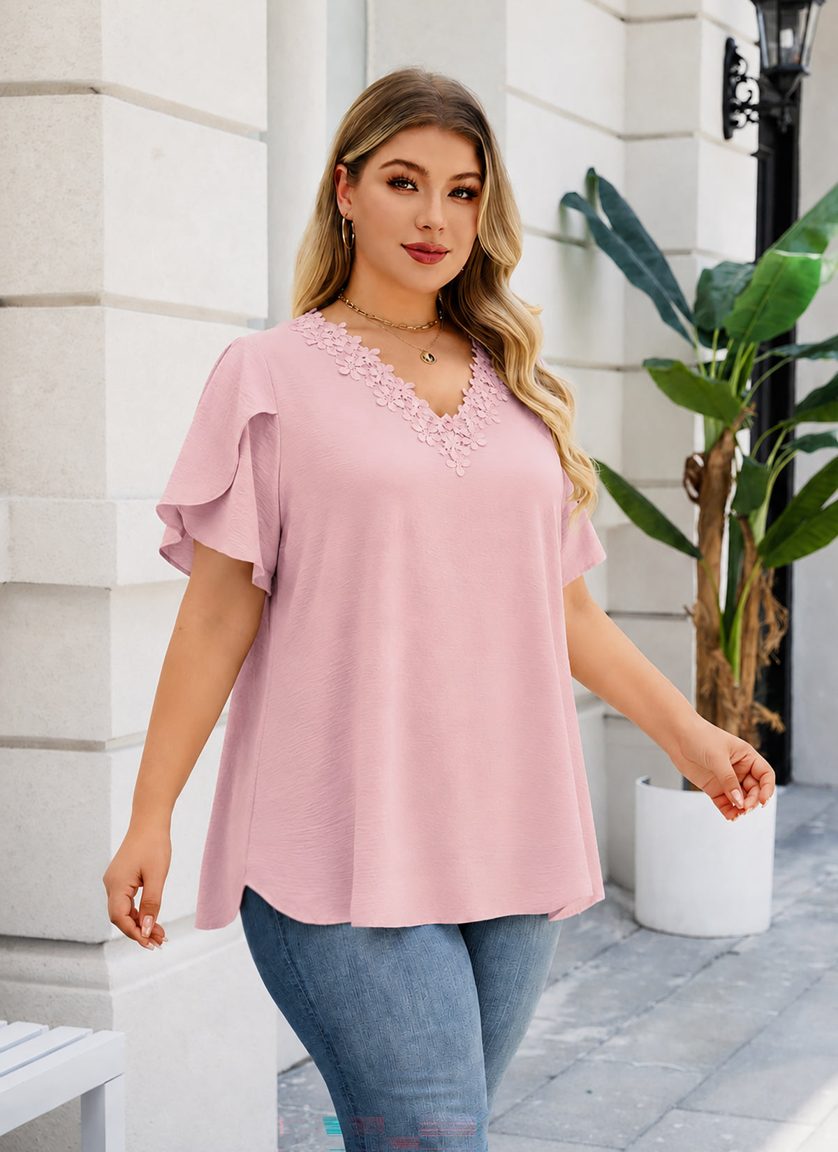 Women's V-Neck Floral Trim Blouse – Loose Fit Plus Size Top, Pink