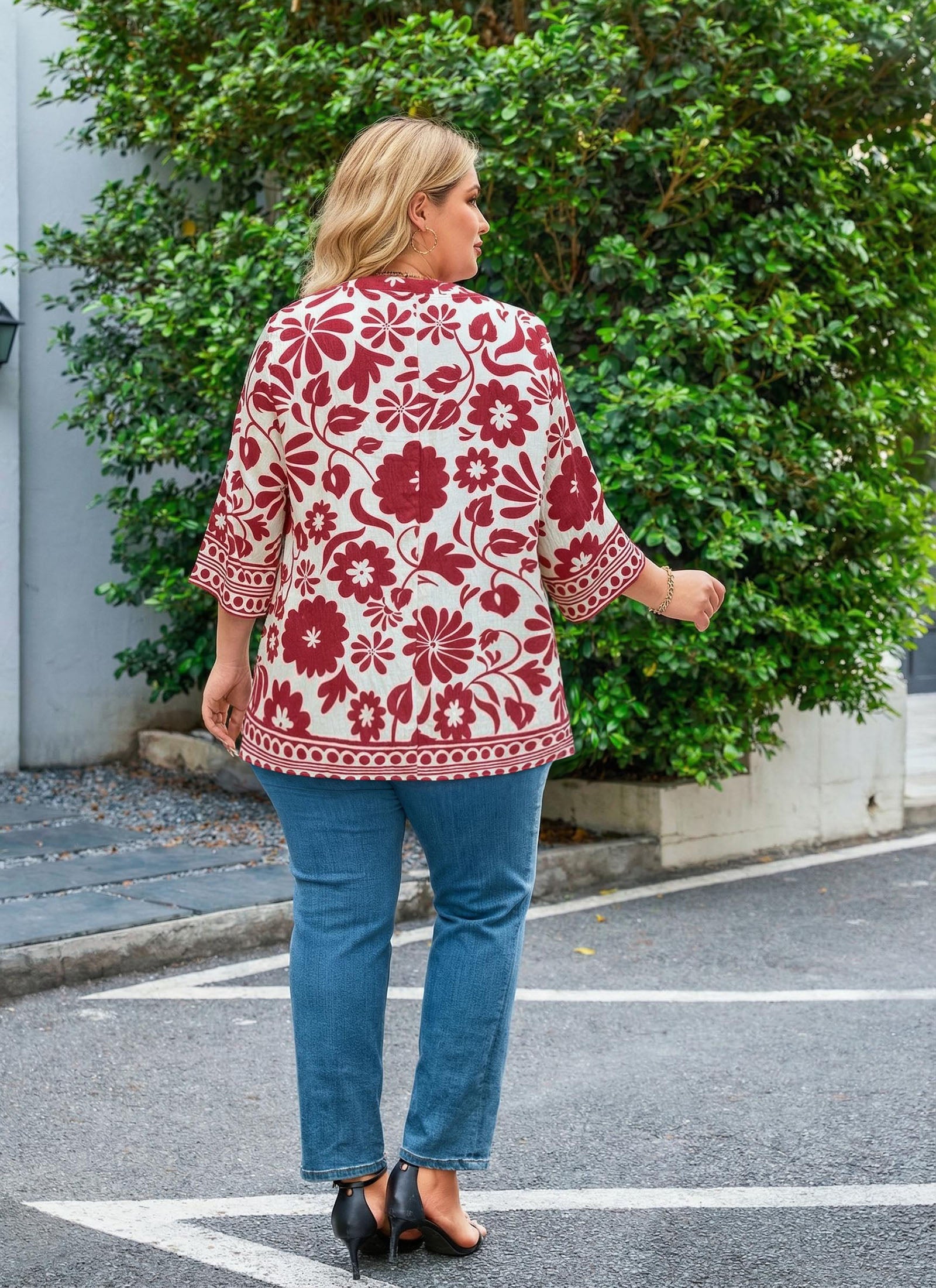 Plus Size Tops 3/4 Sleeve Boho Blouses Dressy Casual V Neck Tunic Loose Fit Floral Peasant Shirts