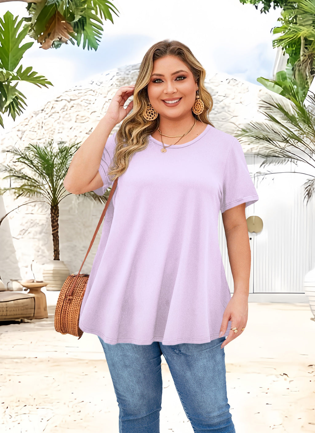 Tunic Tops for Women Plus Size Short Sleeve Crew Neck Swing Flare Loose T-Shirt Blouses to Wear with Leggings